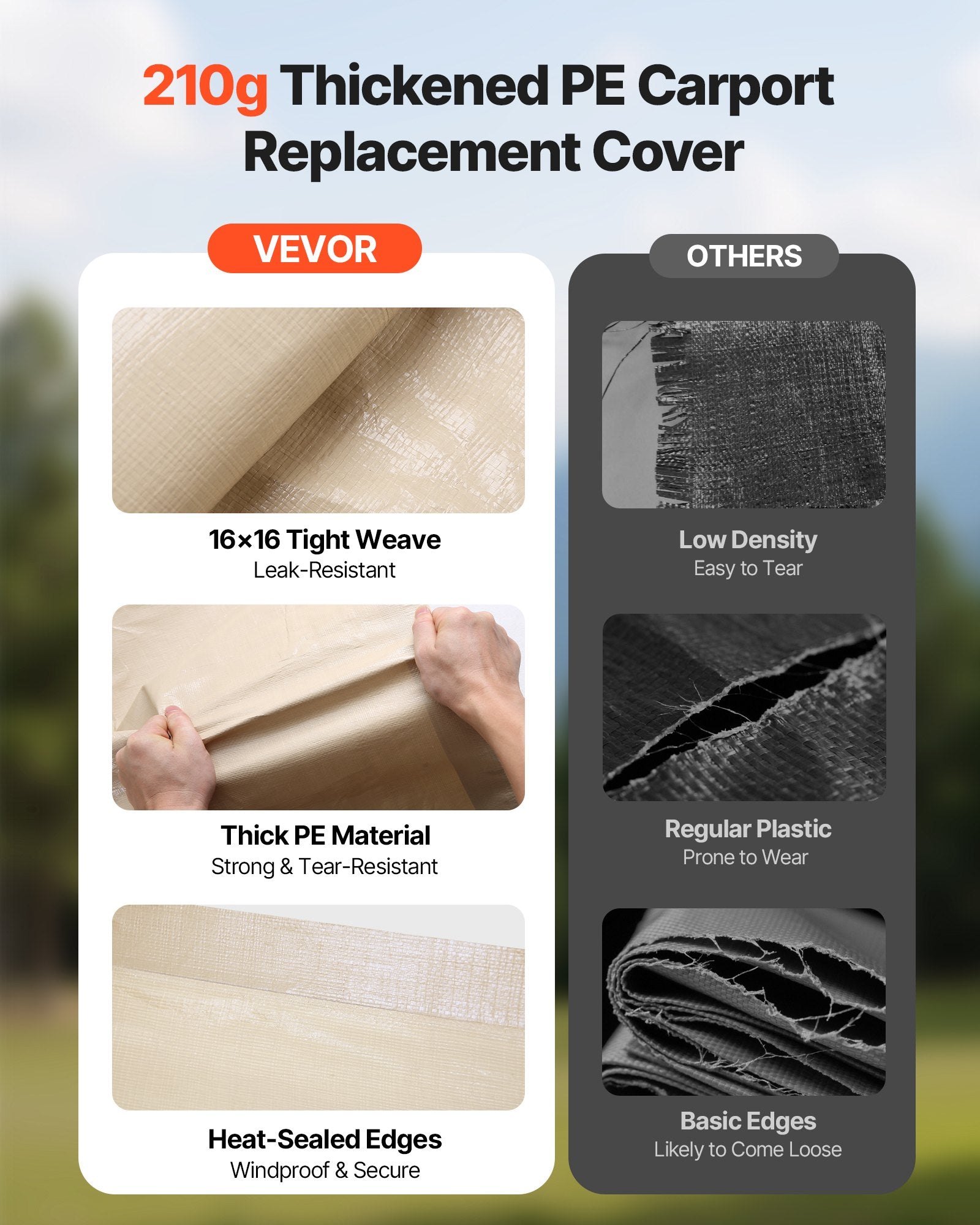 VEVOR Carport Replacement Canopy, 6 x 3.6 m Potable Garage Tent Top Tarp, UV-Resistant & Waterproof Car Shelter Tarp, Heavy Duty Car Port Cover with Ball Buggees, Beige, Frame Not Included