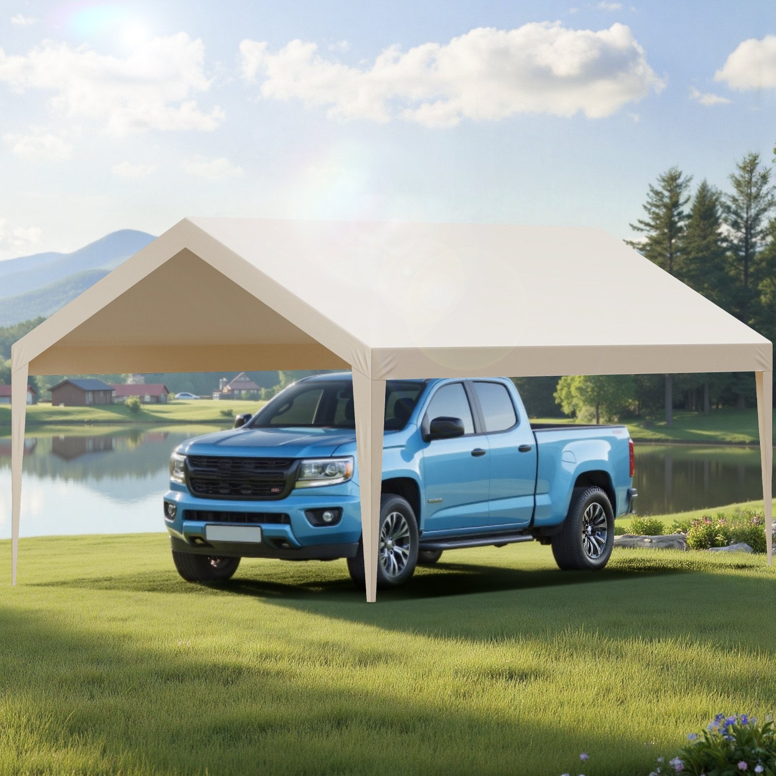 VEVOR Carport Replacement Canopy, 6 x 3.6 m Potable Garage Tent Top Tarp, UV-Resistant & Waterproof Car Shelter Tarp, Heavy Duty Car Port Cover with Ball Buggees, Beige, Frame Not Included