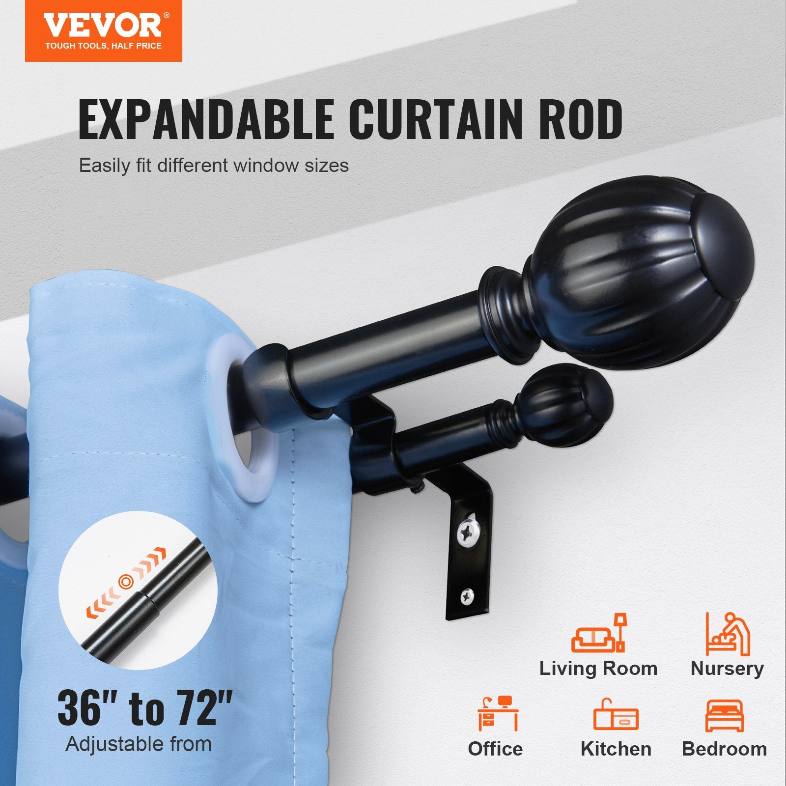 VEVOR Double Rod Curtain Rods, 36-72 inches 3-6ft Adjustable Length, Black Double Curtain Rods with Round Finials, 1" and 3/4" Diameter, Double Window Drapery Rod for Sheer and Blackout Curtains
