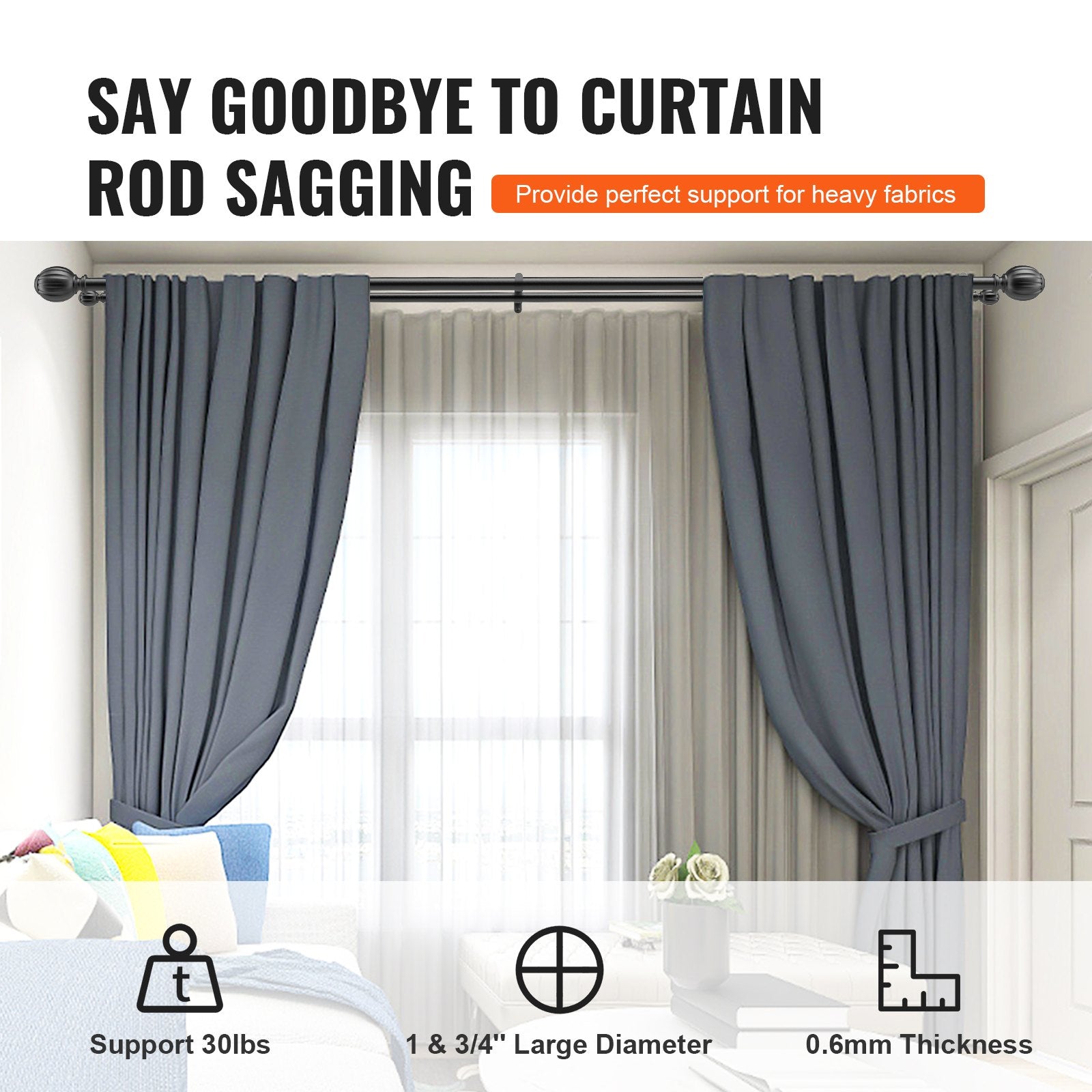 VEVOR Double Rod Curtain Rods, 36-72 inches 3-6ft Adjustable Length, Black Double Curtain Rods with Round Finials, 1" and 3/4" Diameter, Double Window Drapery Rod for Sheer and Blackout Curtains