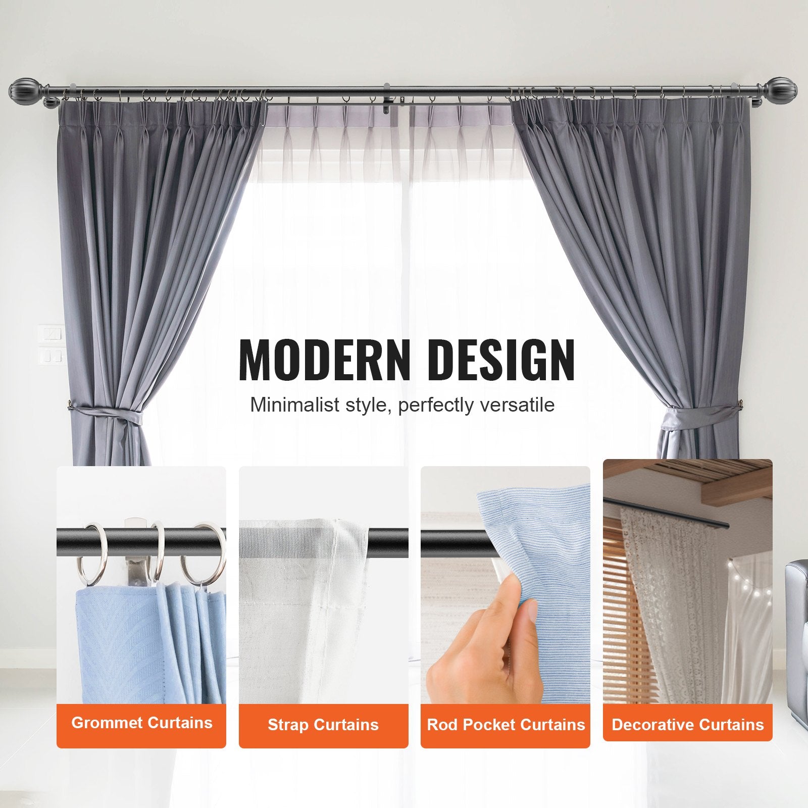 VEVOR Double Rod Curtain Rods, 36-72 inches 3-6ft Adjustable Length, Black Double Curtain Rods with Round Finials, 1" and 3/4" Diameter, Double Window Drapery Rod for Sheer and Blackout Curtains