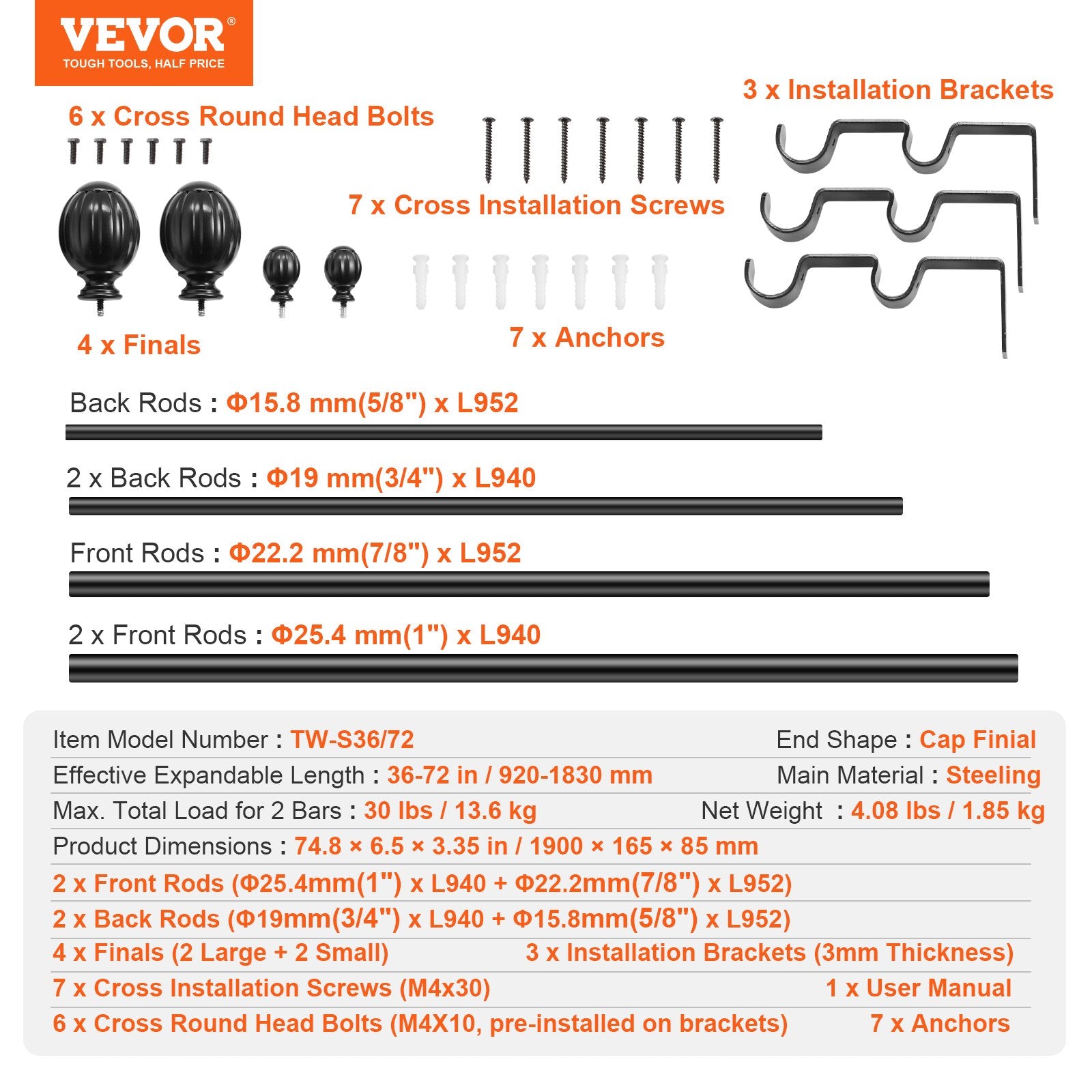 VEVOR Double Rod Curtain Rods, 36-72 inches 3-6ft Adjustable Length, Black Double Curtain Rods with Round Finials, 1" and 3/4" Diameter, Double Window Drapery Rod for Sheer and Blackout Curtains