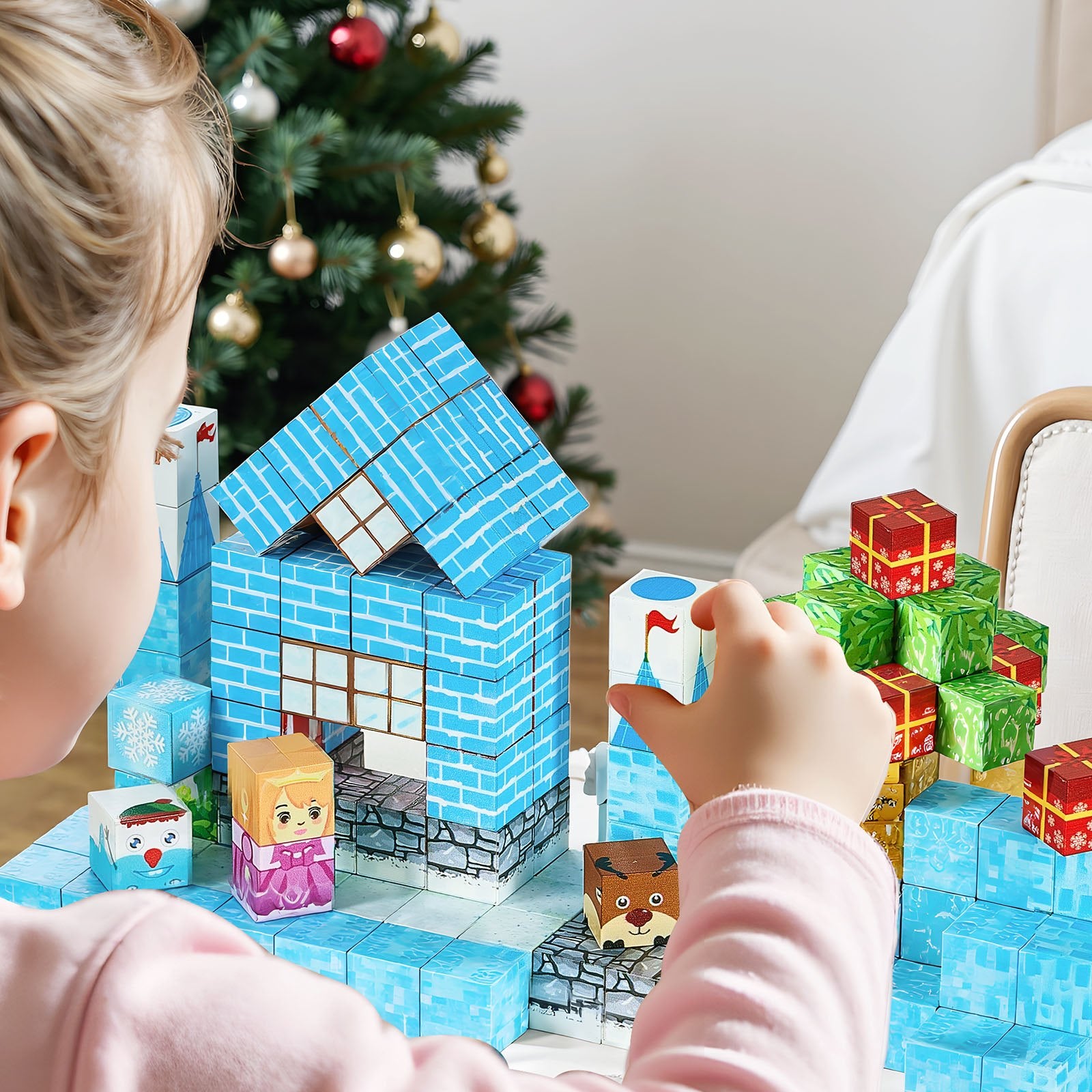 VEVOR Magnetic Blocks, 150 PCS Glacier Castle Set, Magnetic Building Cubes for Kids, STEM Montessori Sensory Toys for Christmas Birthday Gift, Construction Stacking Toy for 3+ Years Old Boys & Girls
