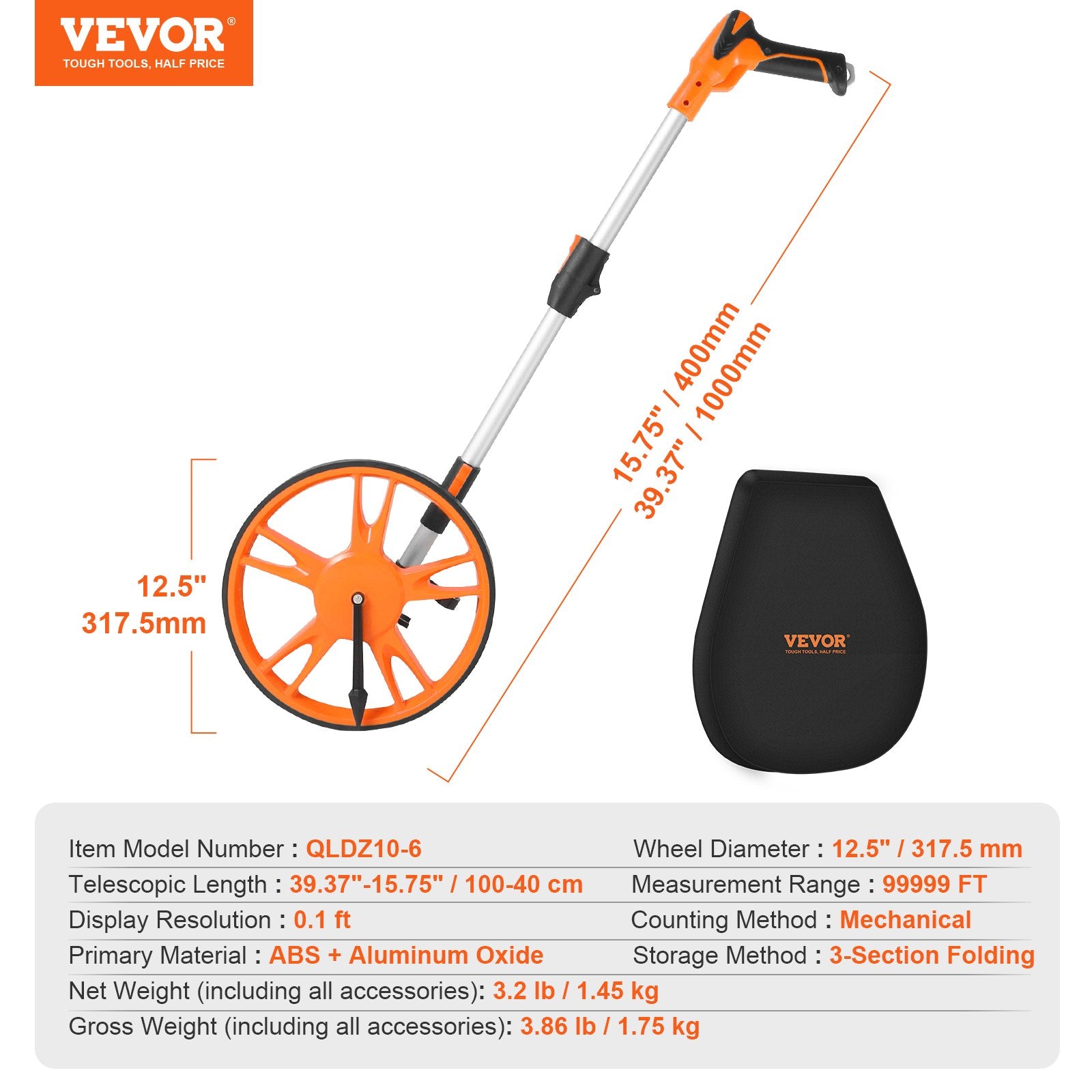 VEVOR Measuring Wheel 12.5” Road Runner Distance Telescoping Handle w/ Back Bag