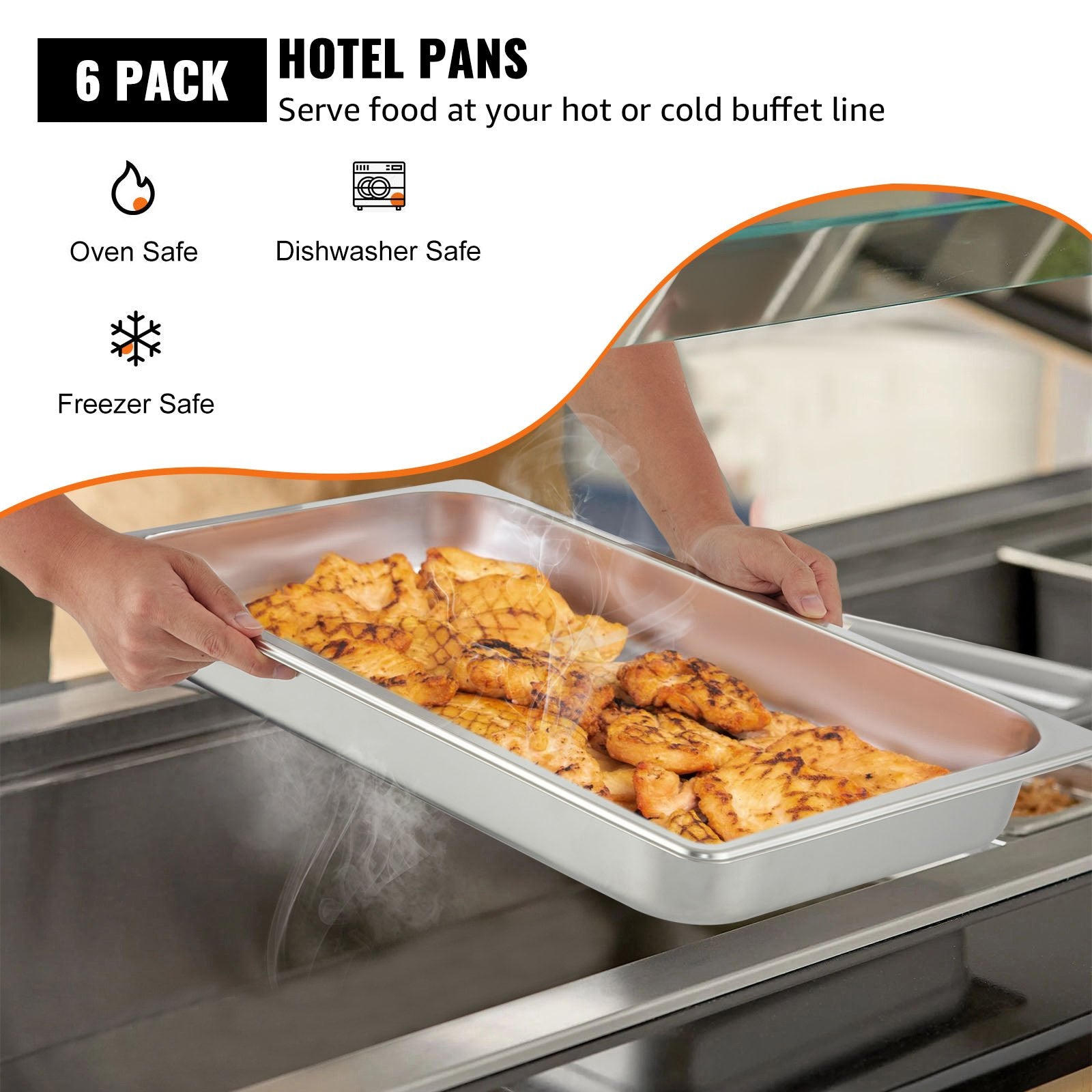 VEVOR Hotel Pans Full Size 2.5 Inch Deep, Steam Table Pan 6 Pack , 22 Gauge/0.8mm Thick Stainless Steel Hotel Pan Anti Jam Steam Table Pan
