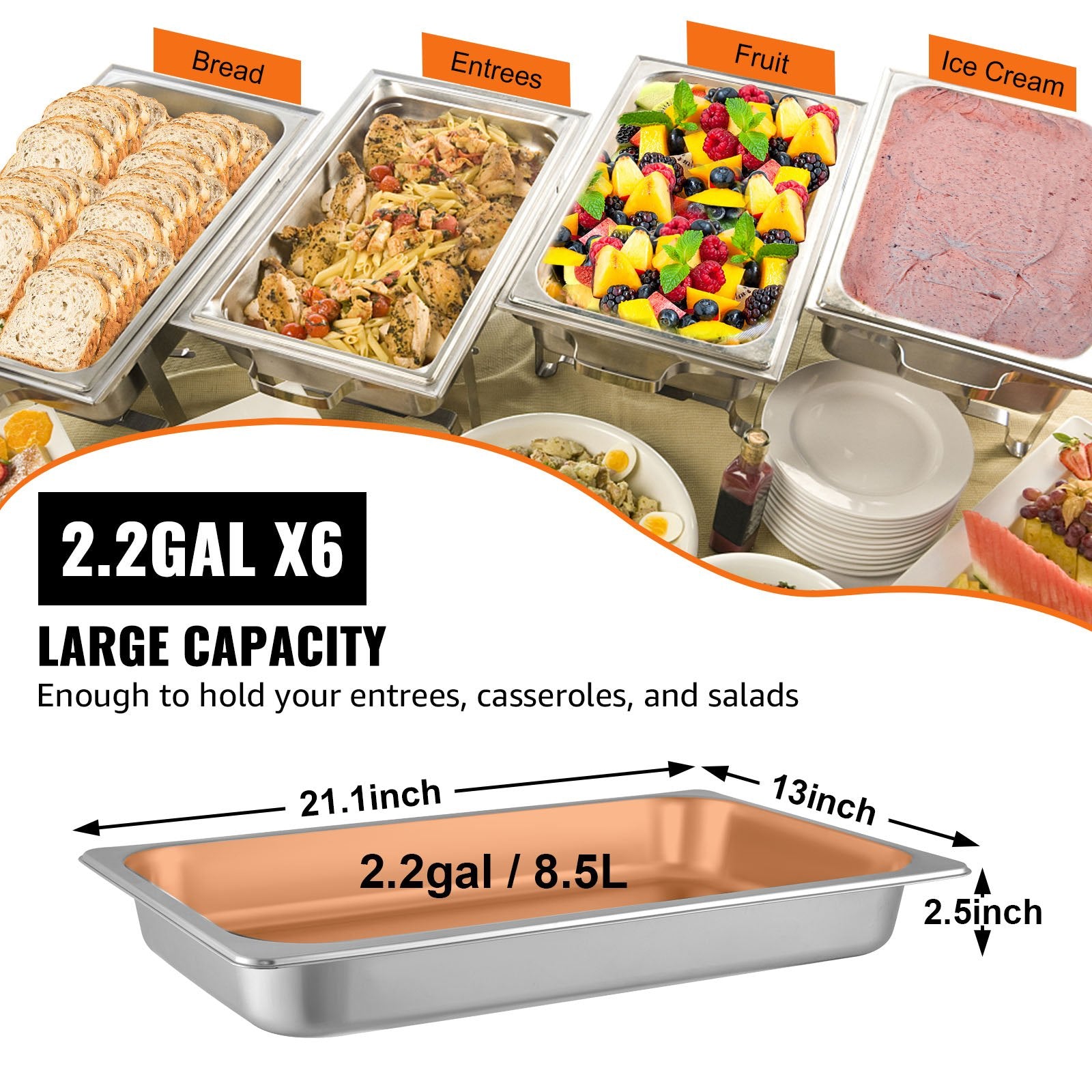 VEVOR Hotel Pans Full Size 2.5 Inch Deep, Steam Table Pan 6 Pack , 22 Gauge/0.8mm Thick Stainless Steel Hotel Pan Anti Jam Steam Table Pan