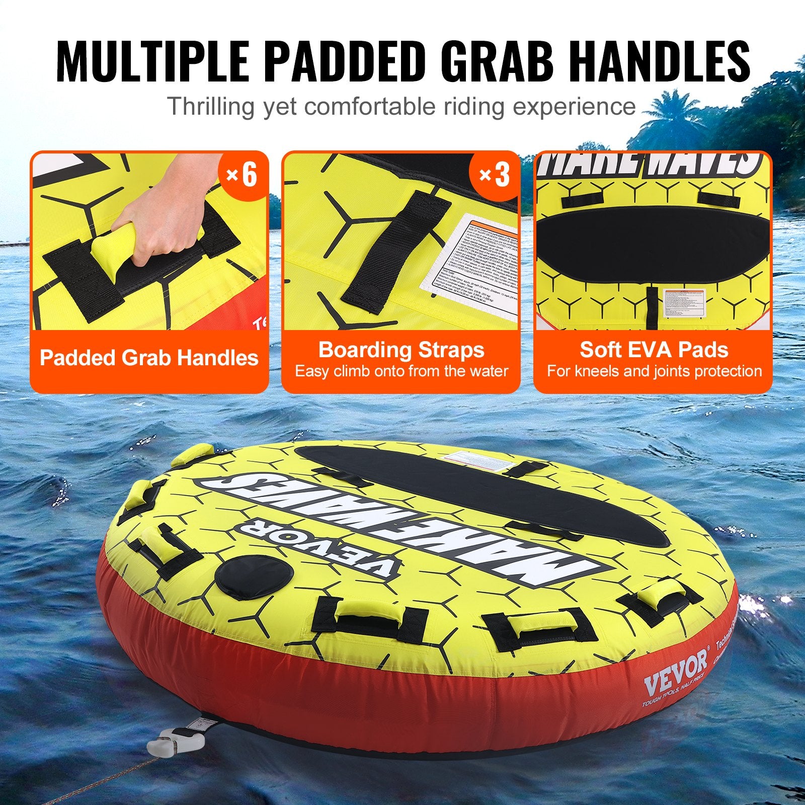 VEVOR Towable Tube for Boating, 1-3 Riders Inflatable Boat Tubes and Towables, 510 lbs, 63" Round Water Sport Towable Tubes for Boats to Pull, Full Nylon Cover, EVA Grab Handles and Speed Safety Valve
