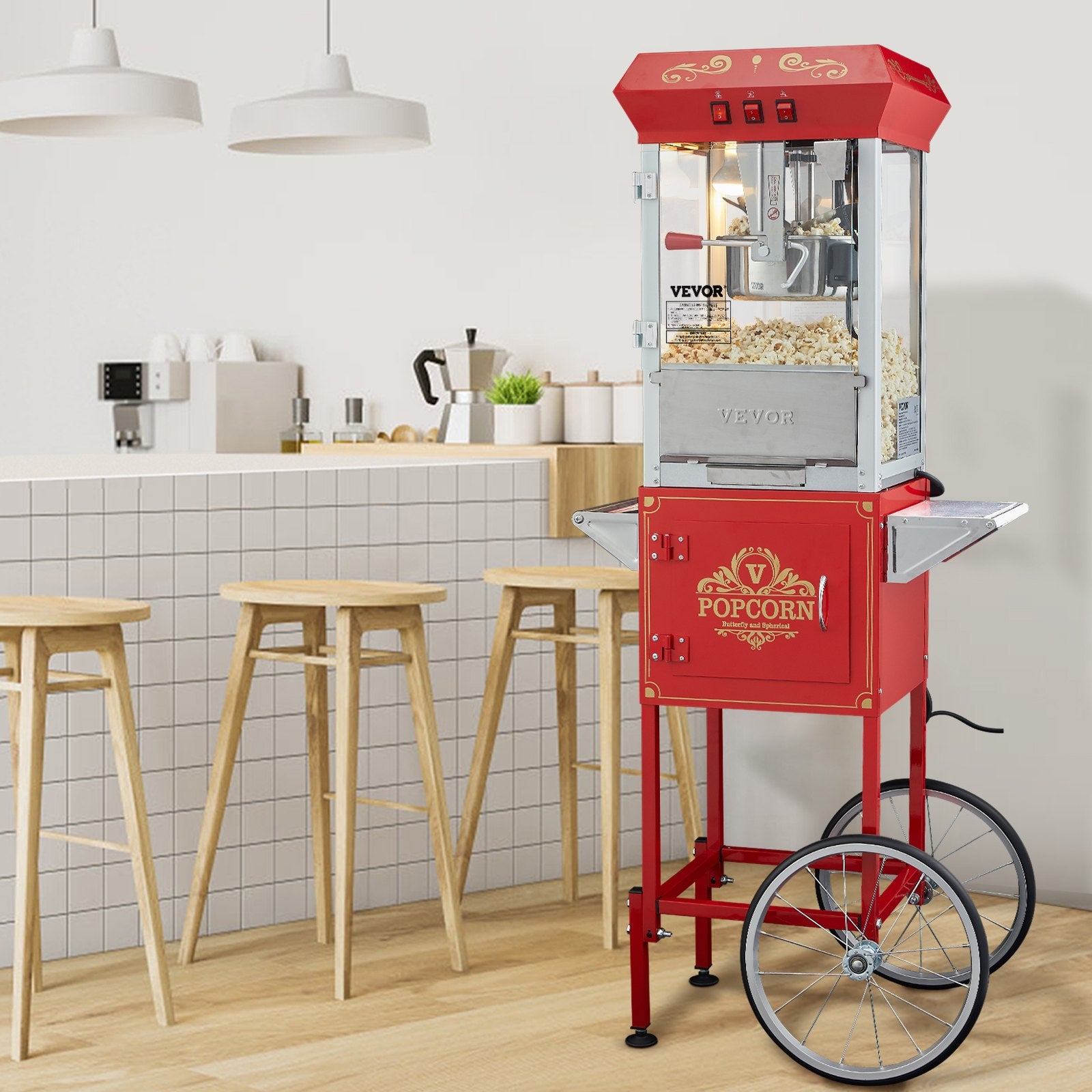 VEVOR Popcorn Popper Machine with Cart Popcorn Maker 850W 8 Oz 48 Cups Red