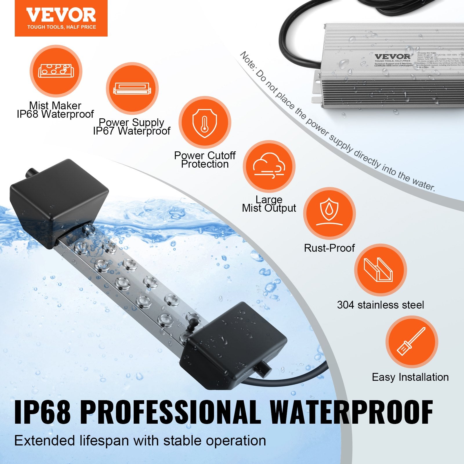VEVOR Ultrasonic Mist Maker 12 Head, 9000mL/H Ultrasonic Fogger, Mist Maker with 300W IP67 Waterproof Power Supply, Buoy, Replacement Discs, for Pond, Garden, Rockery, Greenhouse, Halloween Decoration
