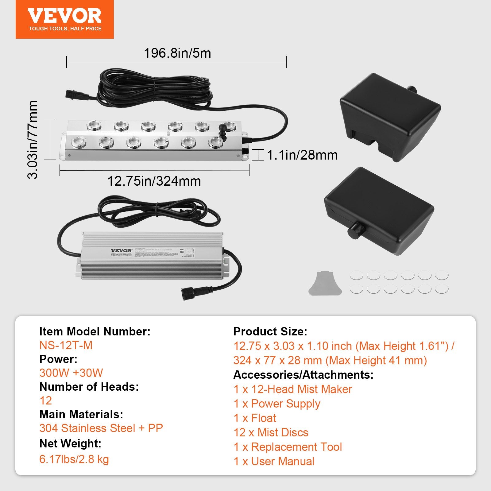 VEVOR Ultrasonic Mist Maker 12 Head, 9000mL/H Ultrasonic Fogger, Mist Maker with 300W IP67 Waterproof Power Supply, Buoy, Replacement Discs, for Pond, Garden, Rockery, Greenhouse, Halloween Decoration