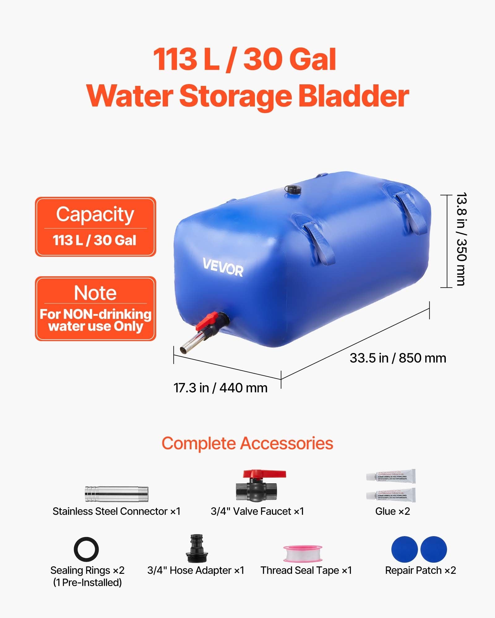 VEVOR Water Storage Bladder 113L Large Capacity Water Bag, Portable & Collapsible Soft Waters Container, Leakproof & Tear-Resistant PVC Emergency Waters Storage Tank for RV Truck & Outdoor Use
