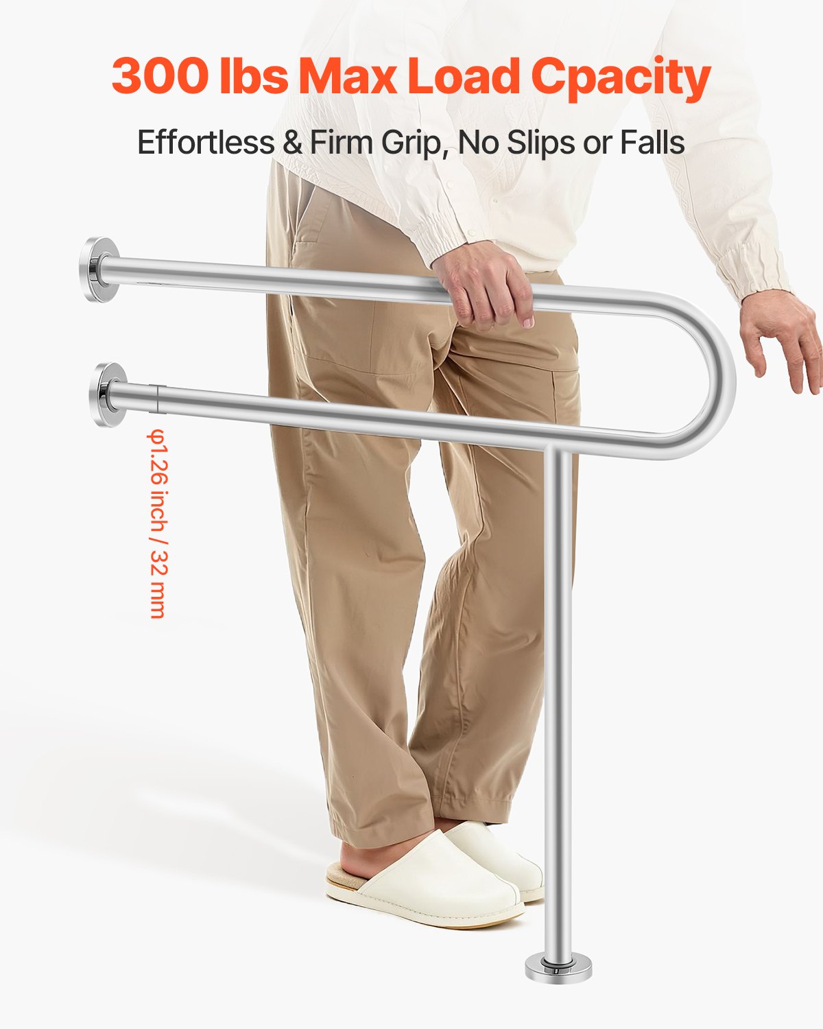 VEVOR Toilet Safety Rail, 80 cm U-Shaped Handicap Grab Bar, 304 Stainless Steel Senior Safety Pole, Toilet Grab Bars with Anti-Slip Handle, 136 kg Load Capacity Security Handrail with Support Leg