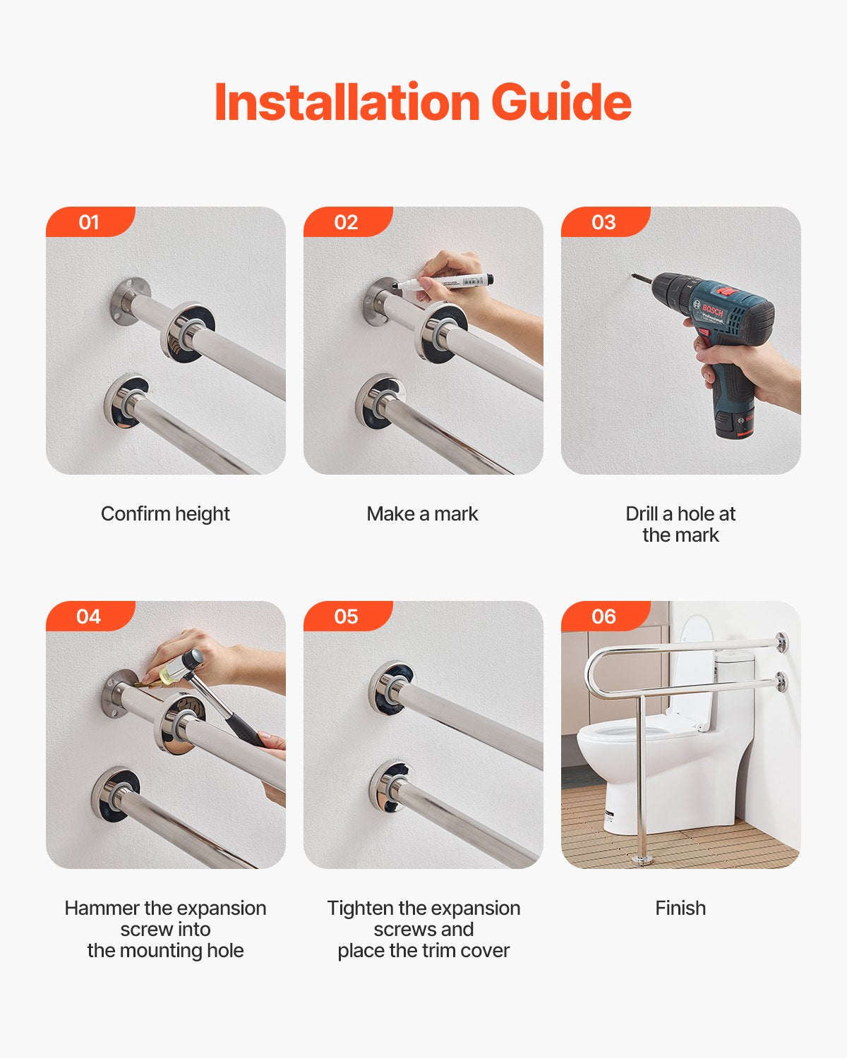 VEVOR Toilet Safety Rail, 80 cm U-Shaped Handicap Grab Bar, 304 Stainless Steel Senior Safety Pole, Toilet Grab Bars with Anti-Slip Handle, 136 kg Load Capacity Security Handrail with Support Leg