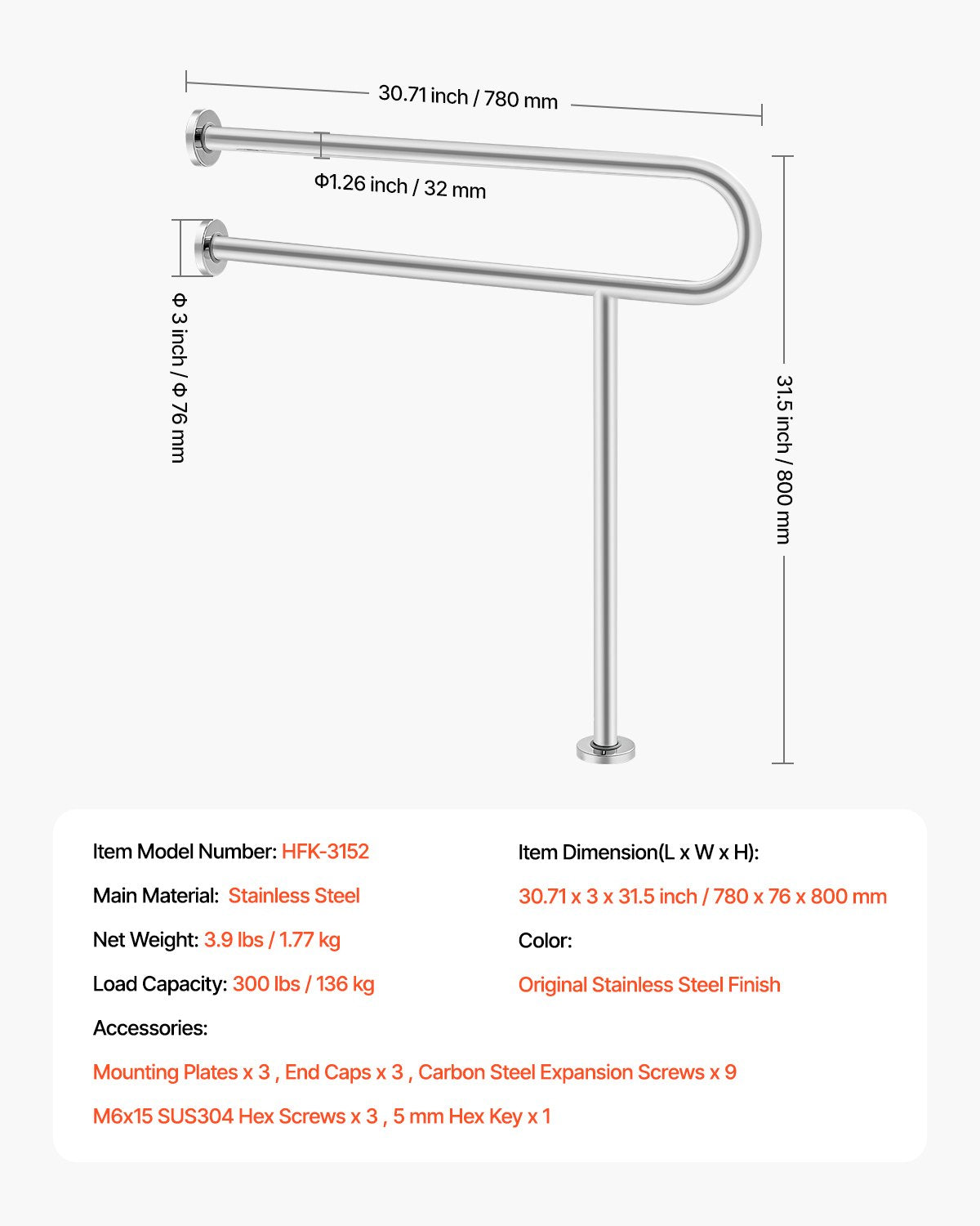 VEVOR Toilet Safety Rail, 80 cm U-Shaped Handicap Grab Bar, 304 Stainless Steel Senior Safety Pole, Toilet Grab Bars with Anti-Slip Handle, 136 kg Load Capacity Security Handrail with Support Leg