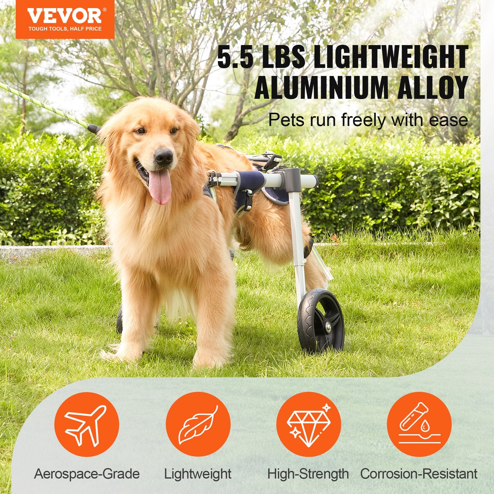 VEVOR 2 Wheels Dog Wheelchair for Back Legs, Pet Wheelchair Lightweight & Adjustable Assisting in Healing, Dog Cart/Wheelchair for Injured, Disabled, Paralysis, Hind Limb Weak Pet M