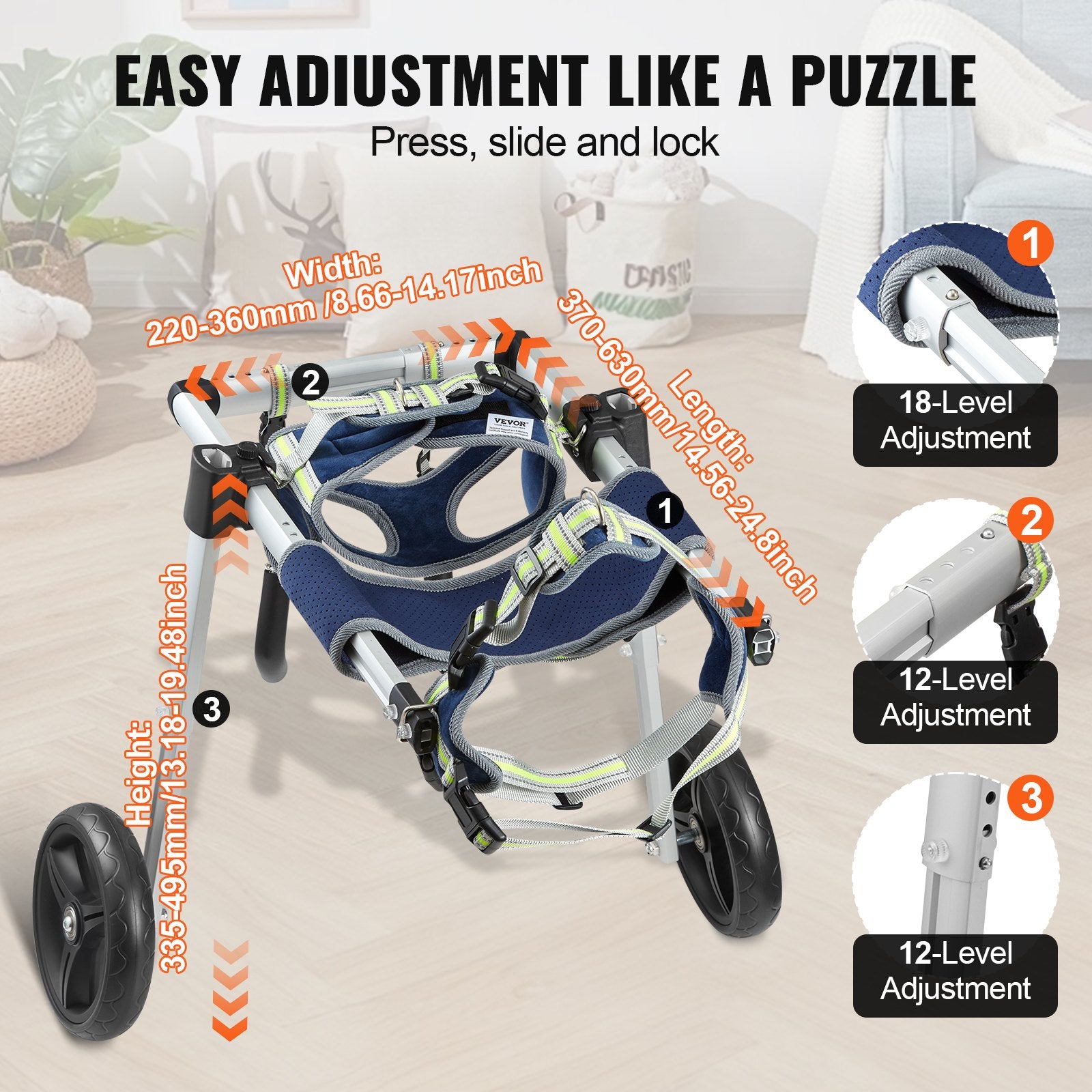 VEVOR 2 Wheels Dog Wheelchair for Back Legs, Pet Wheelchair Lightweight & Adjustable Assisting in Healing, Dog Cart/Wheelchair for Injured, Disabled, Paralysis, Hind Limb Weak Pet M