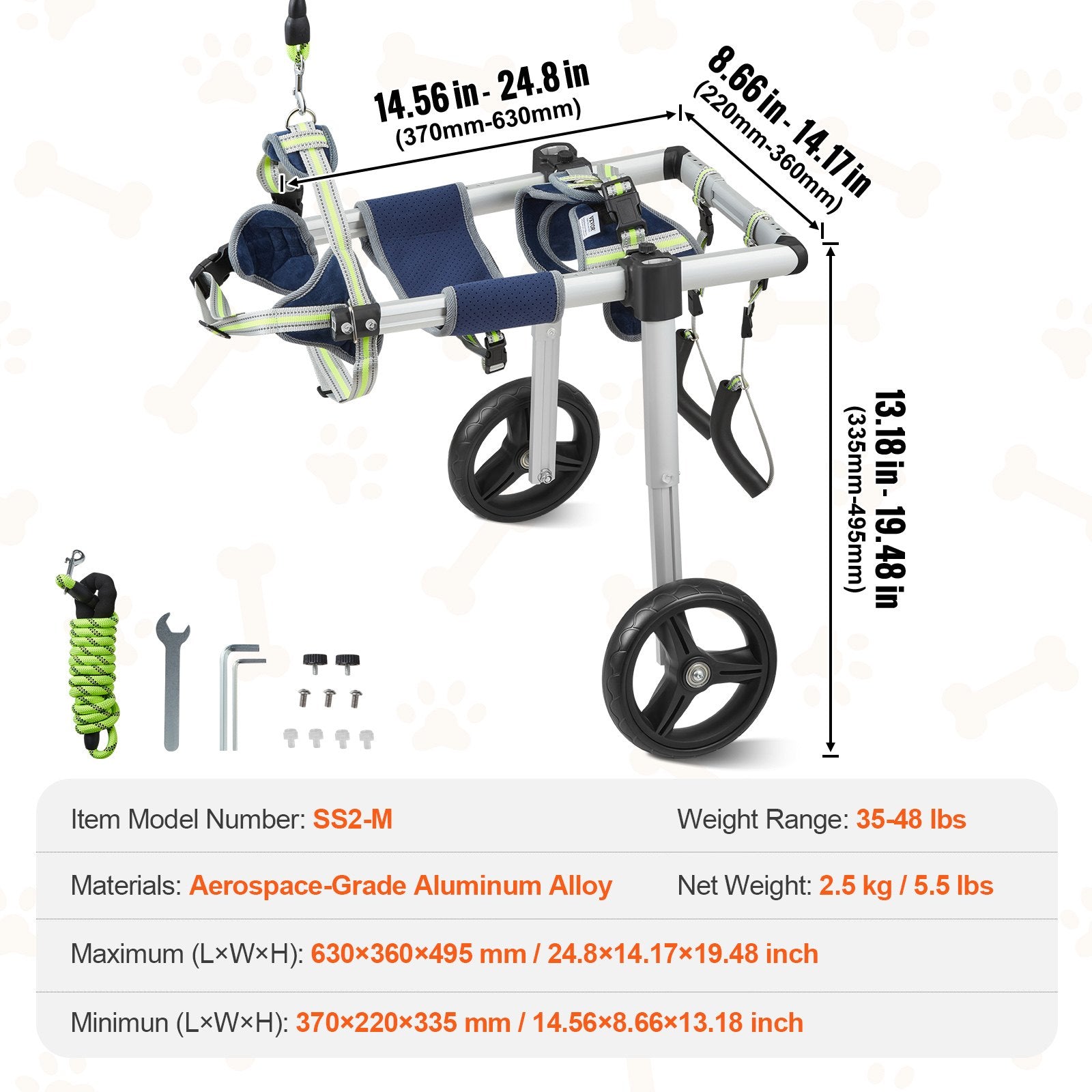 VEVOR 2 Wheels Dog Wheelchair for Back Legs, Pet Wheelchair Lightweight & Adjustable Assisting in Healing, Dog Cart/Wheelchair for Injured, Disabled, Paralysis, Hind Limb Weak Pet M