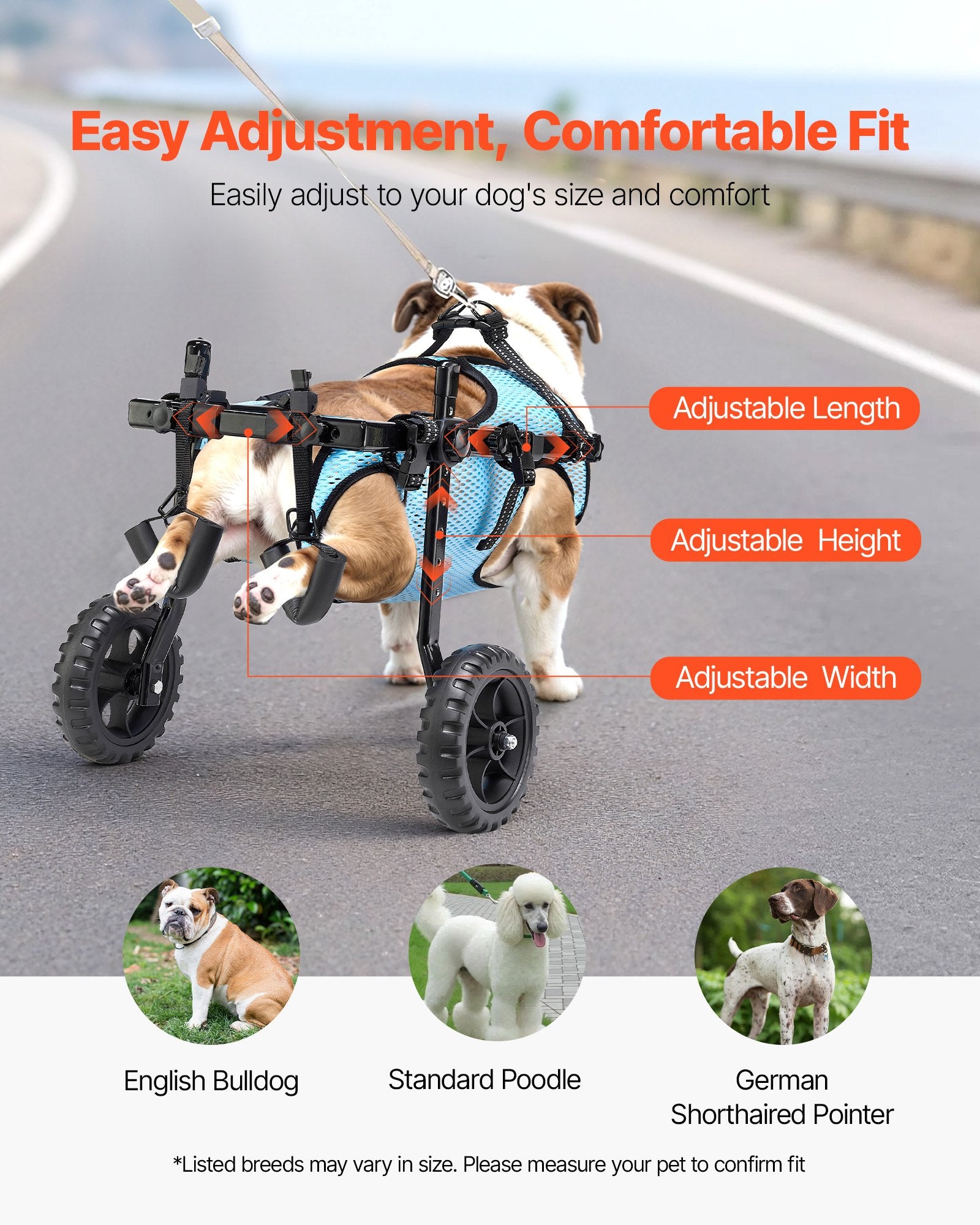 VEVOR Dog Wheelchair for Back Legs, Adjustable 2 Wheels Pet Wheelchair, Lightweight Dog Cart with Shock-Absorbing Wheels, Mobility Support Wheel Chair for Disabled Injured Dogs up to 15kg, Medium