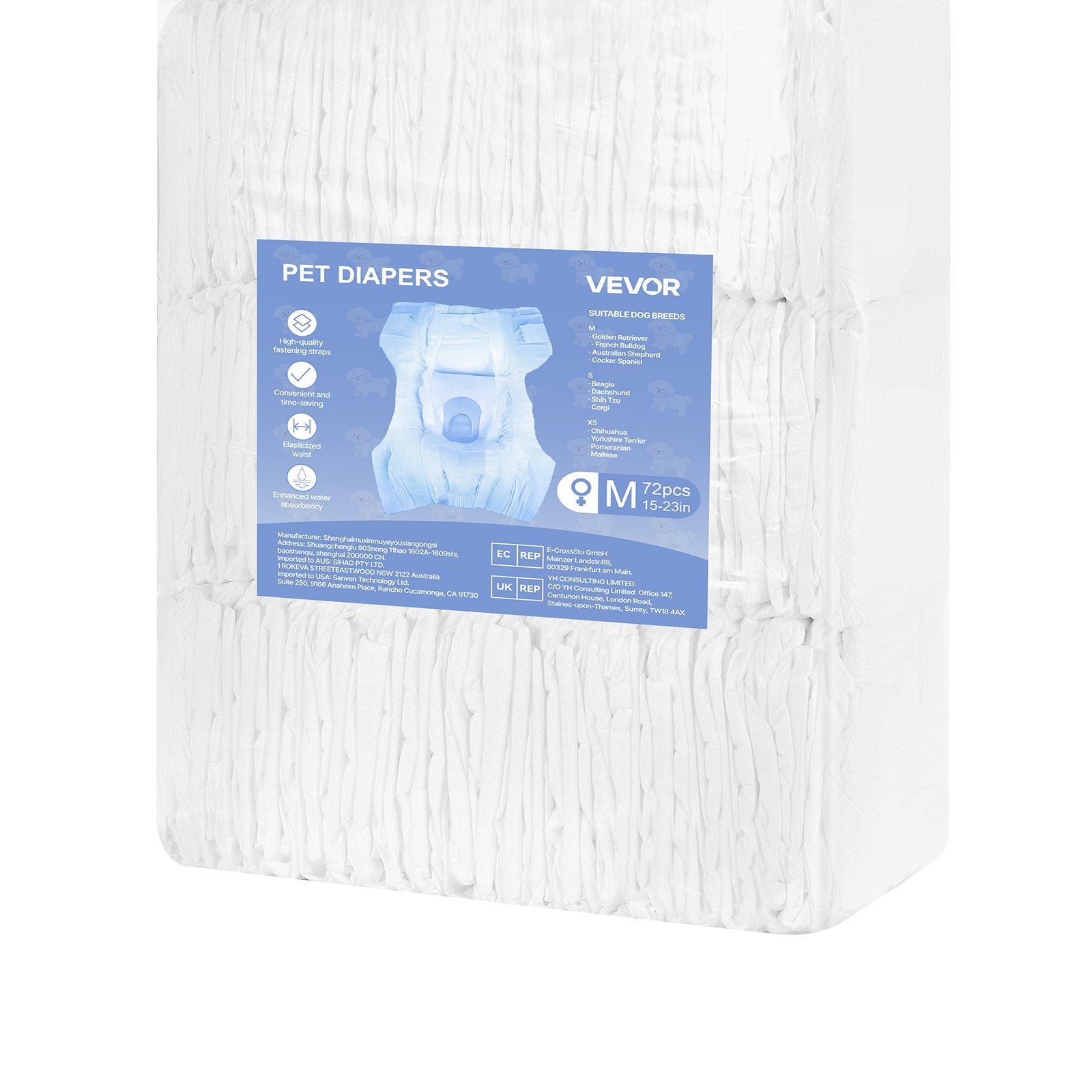 VEVOR Disposable Dog Diapers, Super Absorbent Female Dog Diapers, 360° Leak-Proof Female Doggy Pet Diaper with Wetness Indicator for Heat Period, Training, Incontinence - M, 144 Count 2 Packs of 72