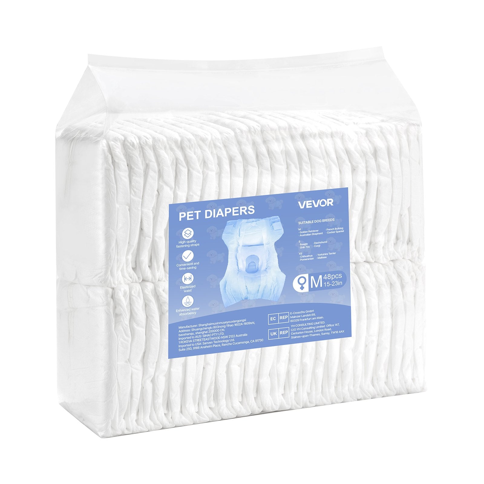 VEVOR Disposable Dog Diapers, Super Absorbent Female Dog Diapers, 360° Leak-Proof Female Doggy Pet Diaper with Wetness Indicator for Heat Period, Training, Incontinence - M, 144 Count 2 Packs of 72