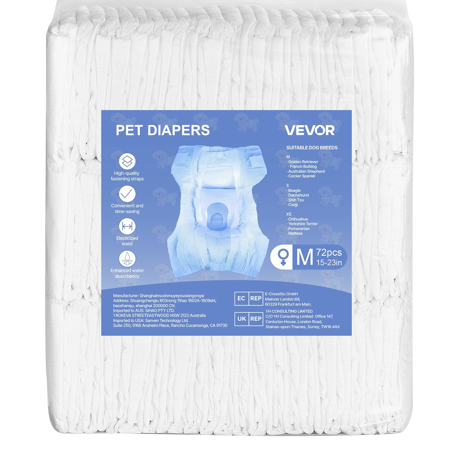 VEVOR Disposable Dog Diapers, Super Absorbent Female Dog Diapers, 360° Leak-Proof Female Doggy Pet Diaper with Wetness Indicator for Heat Period, Training, Incontinence - M, 144 Count 2 Packs of 72