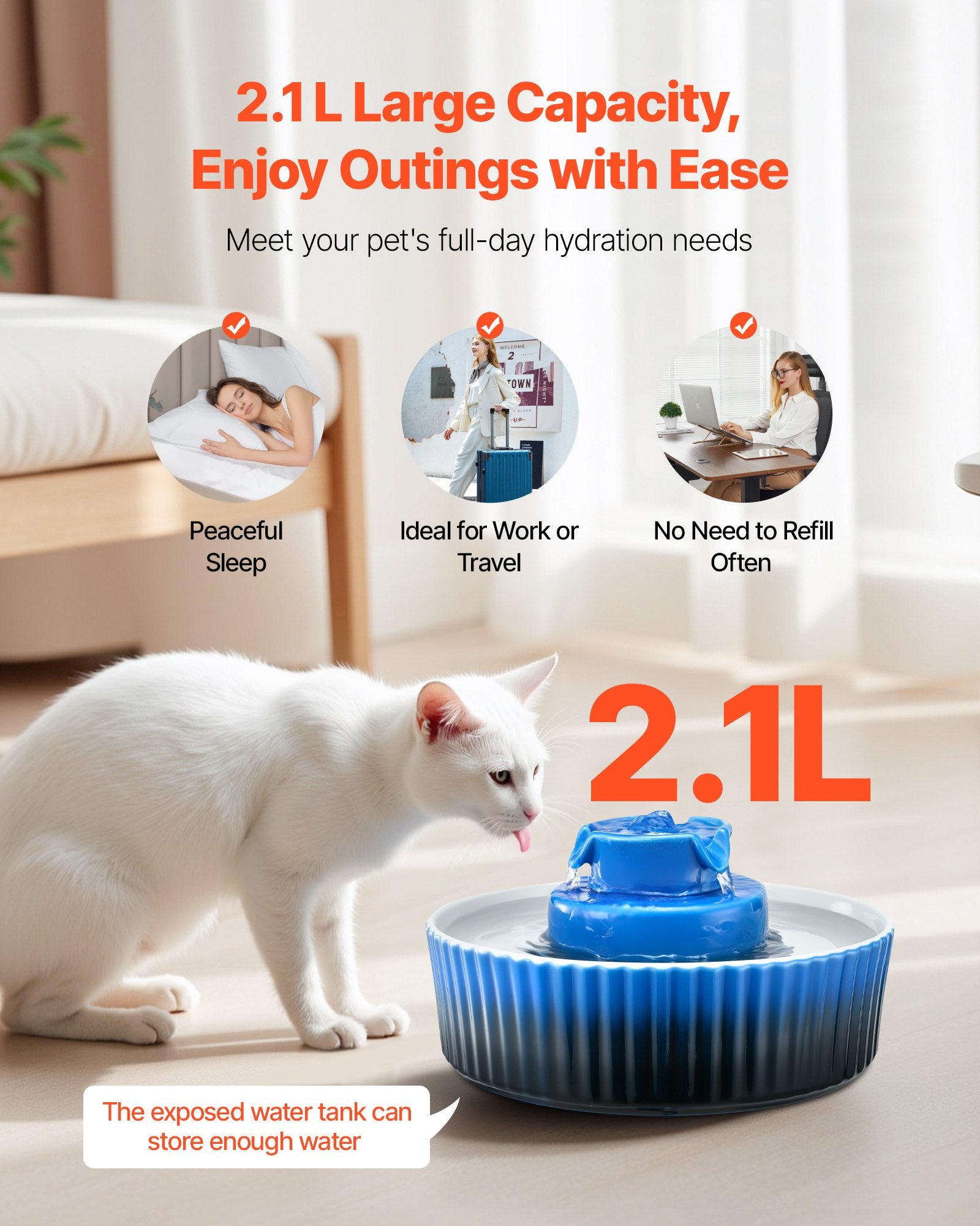 VEVOR Ceramic Cat Water Fountain, 2.1 L Cupcake Pet Fountain, Porcelain Cat Water Dispenser with Ultra-Quiet Pump, 360° Drinking Area and Multi-Layer Filtration System, for Cats & Dogs Drinking Blue