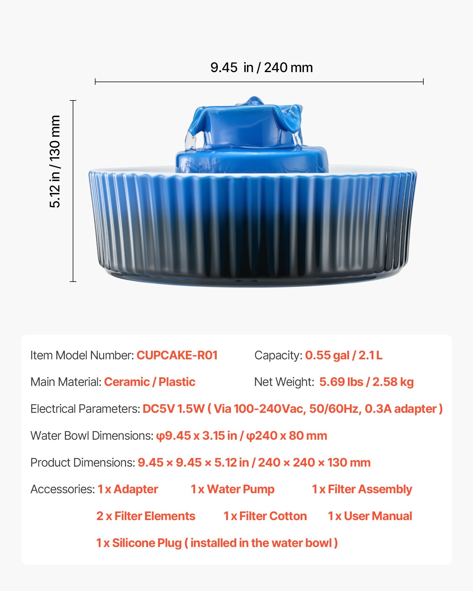 VEVOR Ceramic Cat Water Fountain, 2.1 L Cupcake Pet Fountain, Porcelain Cat Water Dispenser with Ultra-Quiet Pump, 360° Drinking Area and Multi-Layer Filtration System, for Cats & Dogs Drinking Blue