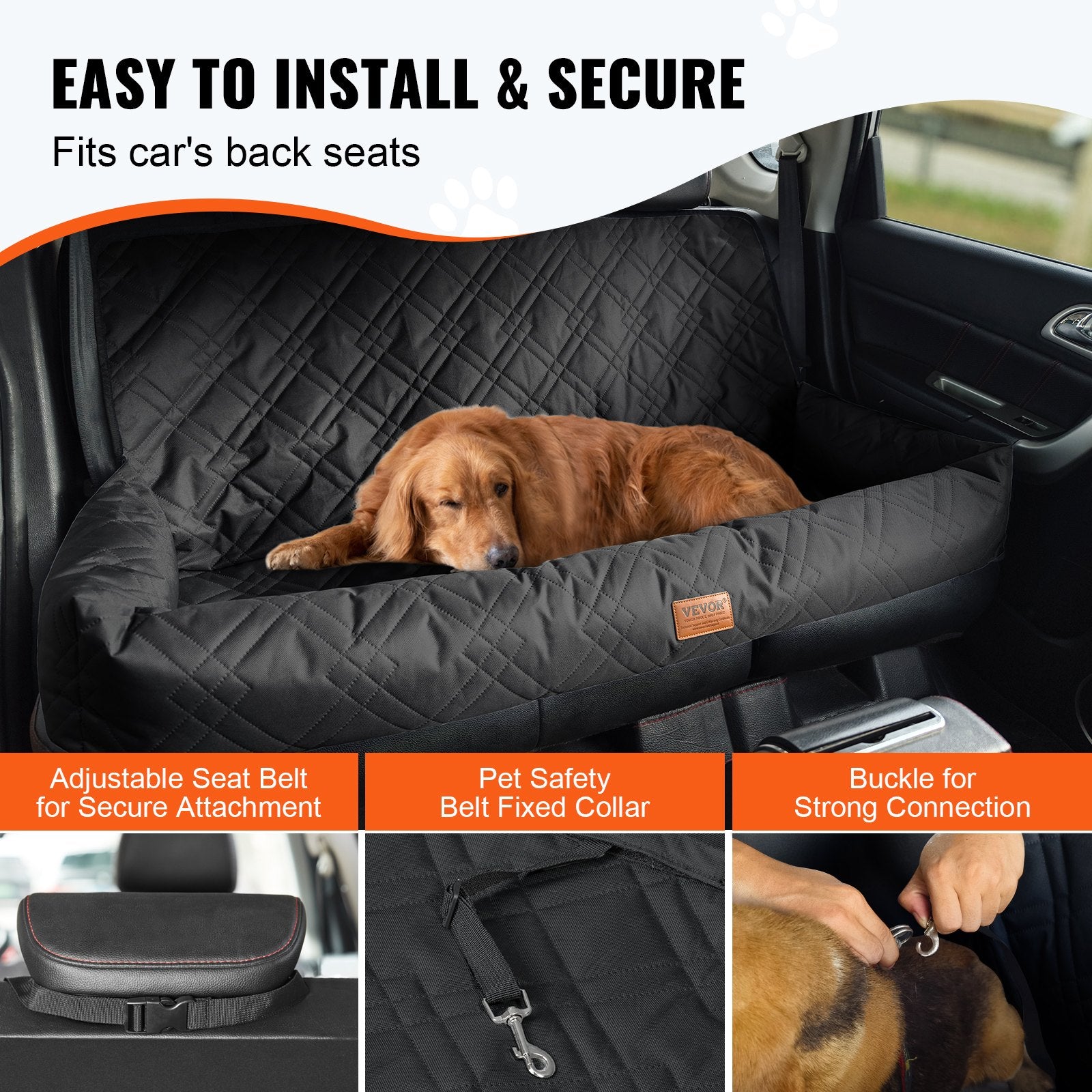 VEVOR Dog Car Seat, Waterproof Dog Booster Seat for Car, Pet Car Seat with Clip-On Safety Leash, PP Cotton Filling, Dog Car Bed for Medium & Large Dog up to 45.4 kg, Black