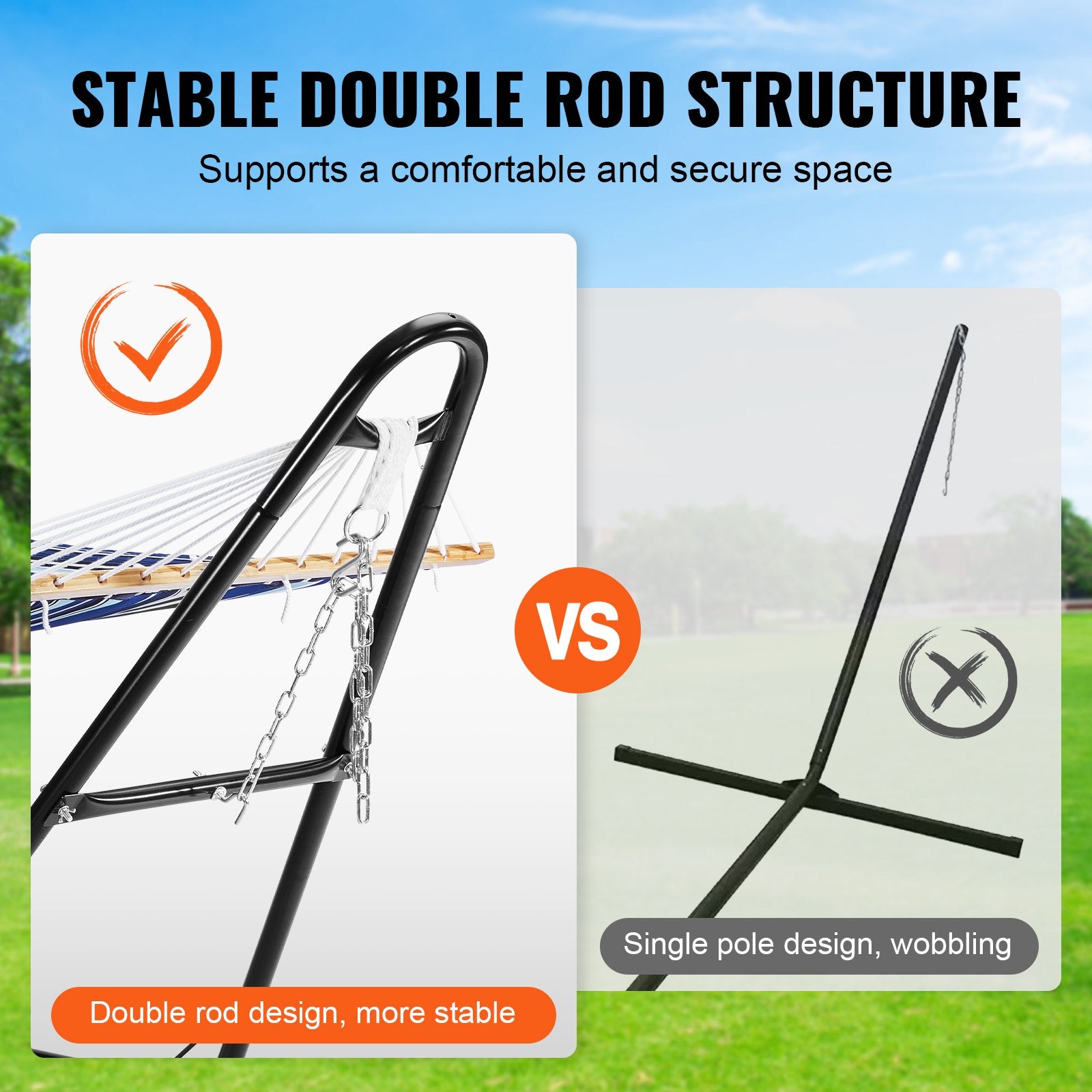 VEVOR Universal 2 Person Hammock Stand, Adjustable Heavy Duty 550 lbs Capacity Hammock Stand Fits 8-13 ft Hammocks for Outdoor and Indoor Portable Hammock Stand with Chain, Hook, and Carrying Bag