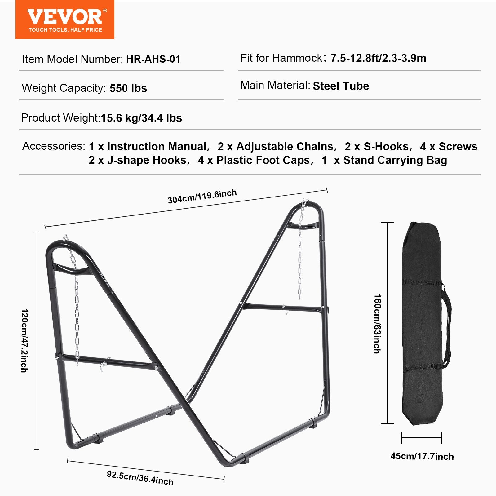 VEVOR Universal 2 Person Hammock Stand, Adjustable Heavy Duty 550 lbs Capacity Hammock Stand Fits 8-13 ft Hammocks for Outdoor and Indoor Portable Hammock Stand with Chain, Hook, and Carrying Bag