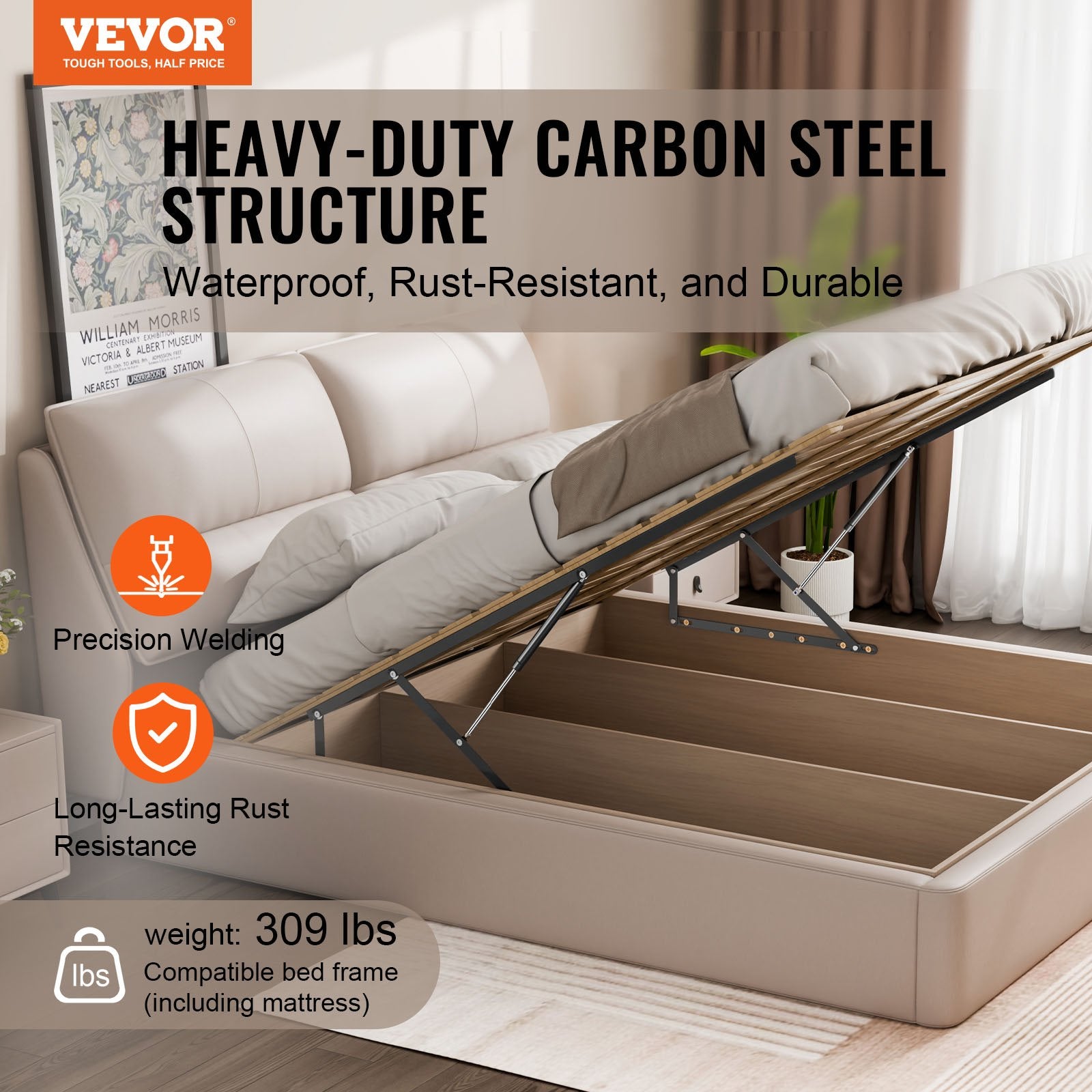 VEVOR Bed Lift, 1500x2000mm Compatible Extra-large Size 140kg Load Bearing, DIY Wall Bed Mechanical Hardware Kit Vertical Deluxe, Pneumatic Lever Heavy Duty Support, Folding for Guestroom