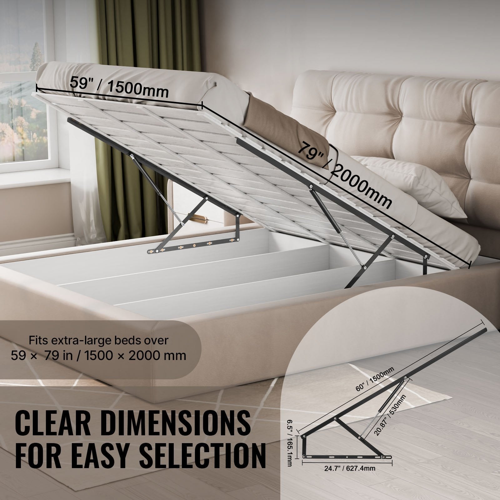 VEVOR Bed Lift, 1500x2000mm Compatible Extra-large Size 140kg Load Bearing, DIY Wall Bed Mechanical Hardware Kit Vertical Deluxe, Pneumatic Lever Heavy Duty Support, Folding for Guestroom