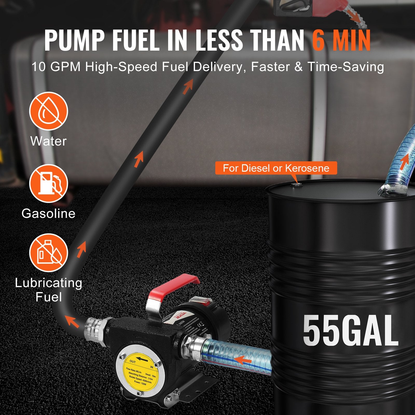 VEVOR Fuel Transfer Pump, 12V DC 10 GPM 1/4 HP, Portable Electric Diesel Transfer Pump with Automatic Shut-Off Fuel Nozzle, High Flow, Long Inlet & Outlet Hose for Diesel, Kerosene, Transformer Fuel