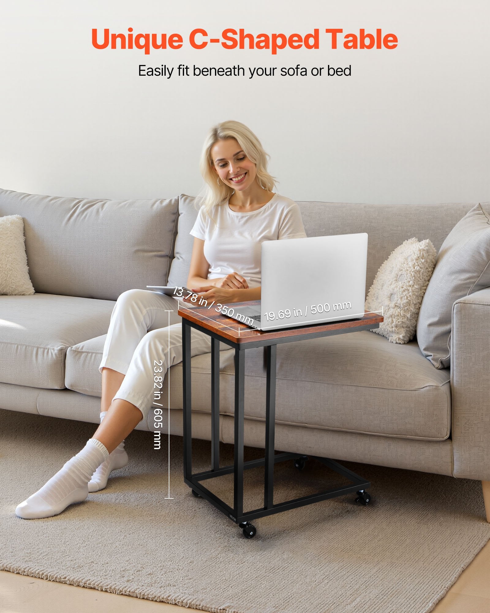 VEVOR C Table, C Shaped Sofa Side Table with Metal Frame Rolling Casters, Portable C Shaped End Stand for Living Room Bedroom Office, 19.69 x 13.78 x 23.82 inches Laptop Side Tables, Brown and Black