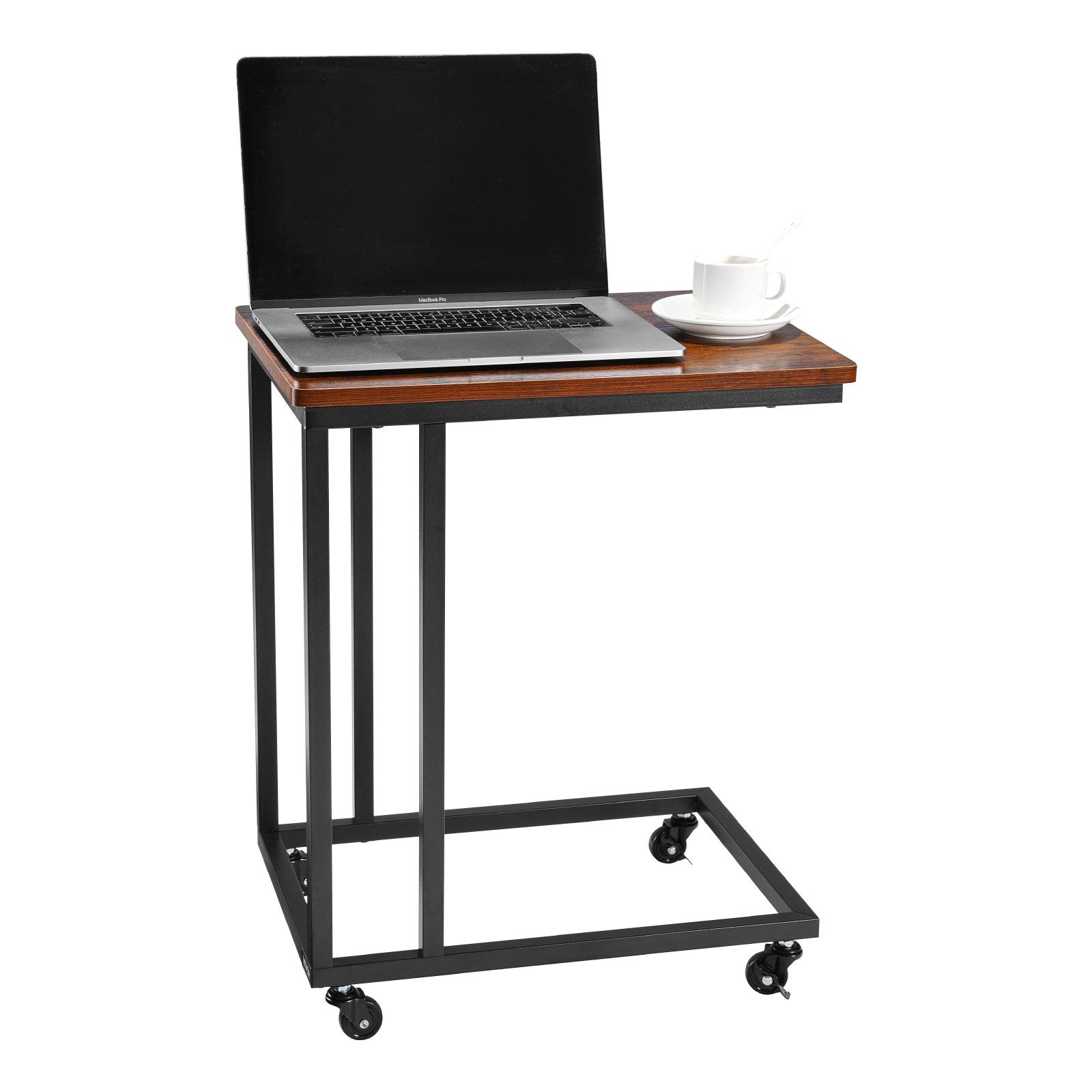 VEVOR C Table, C Shaped Sofa Side Table with Metal Frame Rolling Casters, Portable C Shaped End Stand for Living Room Bedroom Office, 19.69 x 13.78 x 23.82 inches Laptop Side Tables, Brown and Black