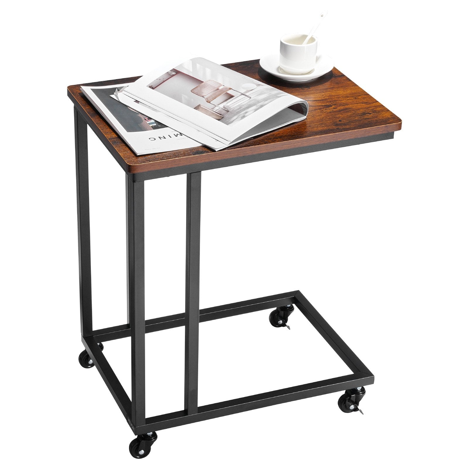 VEVOR C Table, C Shaped Sofa Side Table with Metal Frame Rolling Casters, Portable C Shaped End Stand for Living Room Bedroom Office, 19.69 x 13.78 x 23.82 inches Laptop Side Tables, Brown and Black