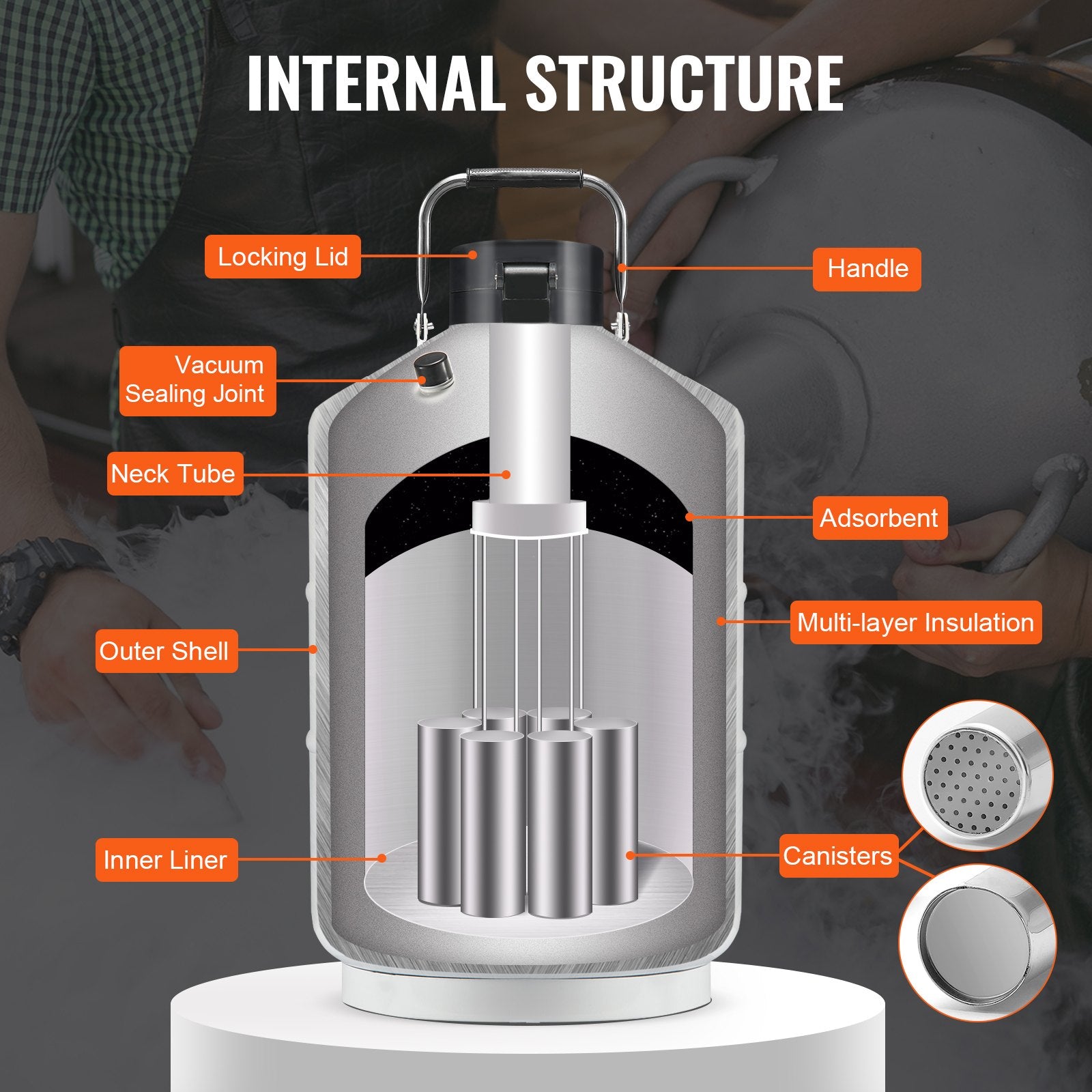 VEVOR Liquid Nitrogen Tank, 3 L Aluminum Alloy Liquid Nitrogen Container, LN2 Tank Dewar with 6 Canisters and Carry Bag with Straps, Cryogenic Tank for Beauty Industry, Semen Preservation, Scientific