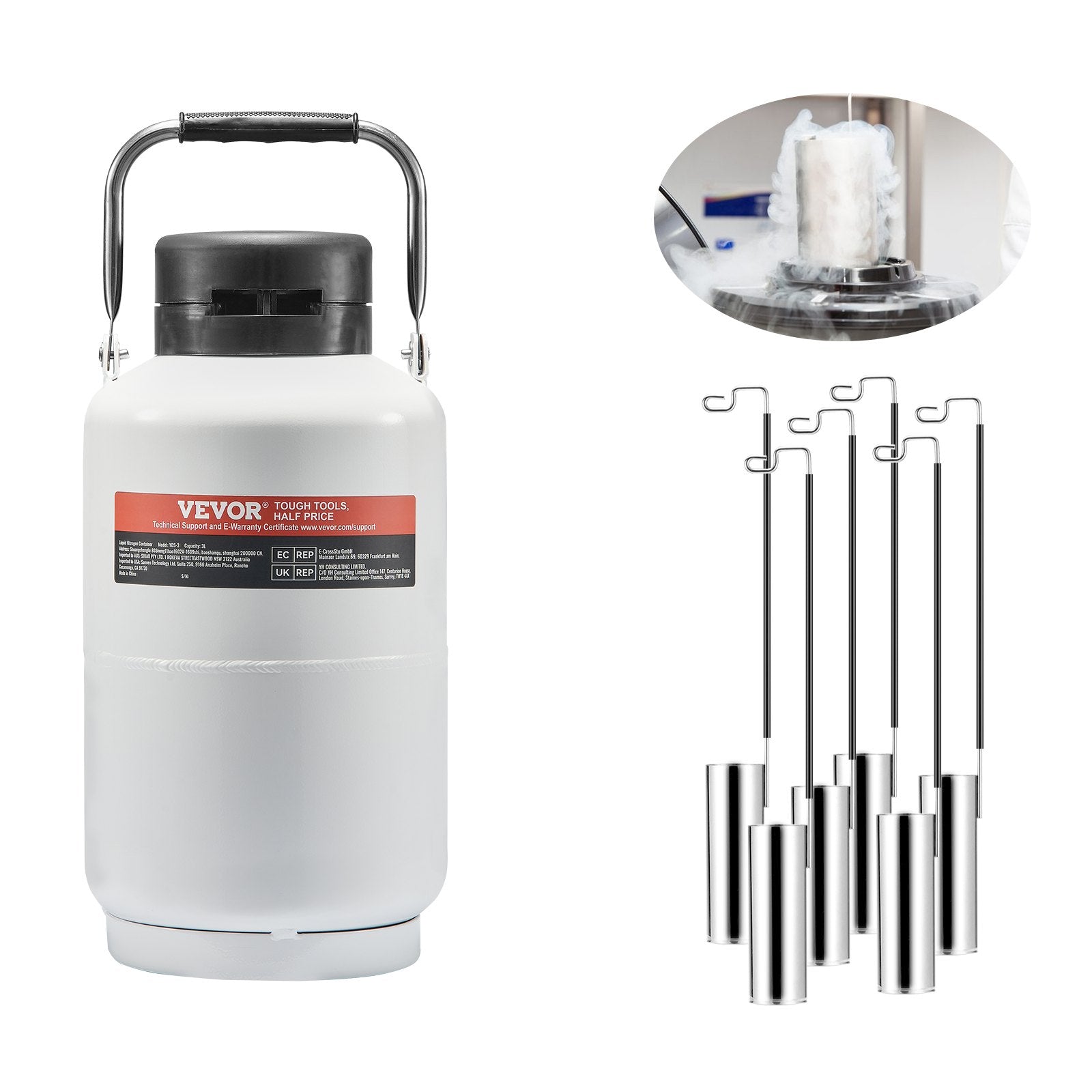 VEVOR Liquid Nitrogen Tank, 3 L Aluminum Alloy Liquid Nitrogen Container, LN2 Tank Dewar with 6 Canisters and Carry Bag with Straps, Cryogenic Tank for Beauty Industry, Semen Preservation, Scientific