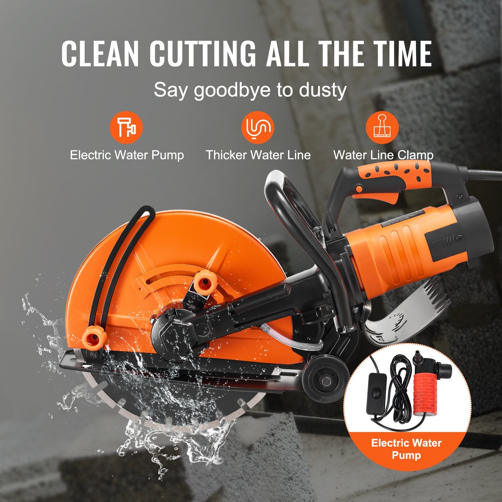 VEVOR Electric Concrete Saw, 14 in, 2000 W Motor Circular Saw Cutter with Max. 5 in Adjustable Cutting Depth, Wet Disk Saw Cutter Includes Water Line, Pump and Blade, for Stone, Brick