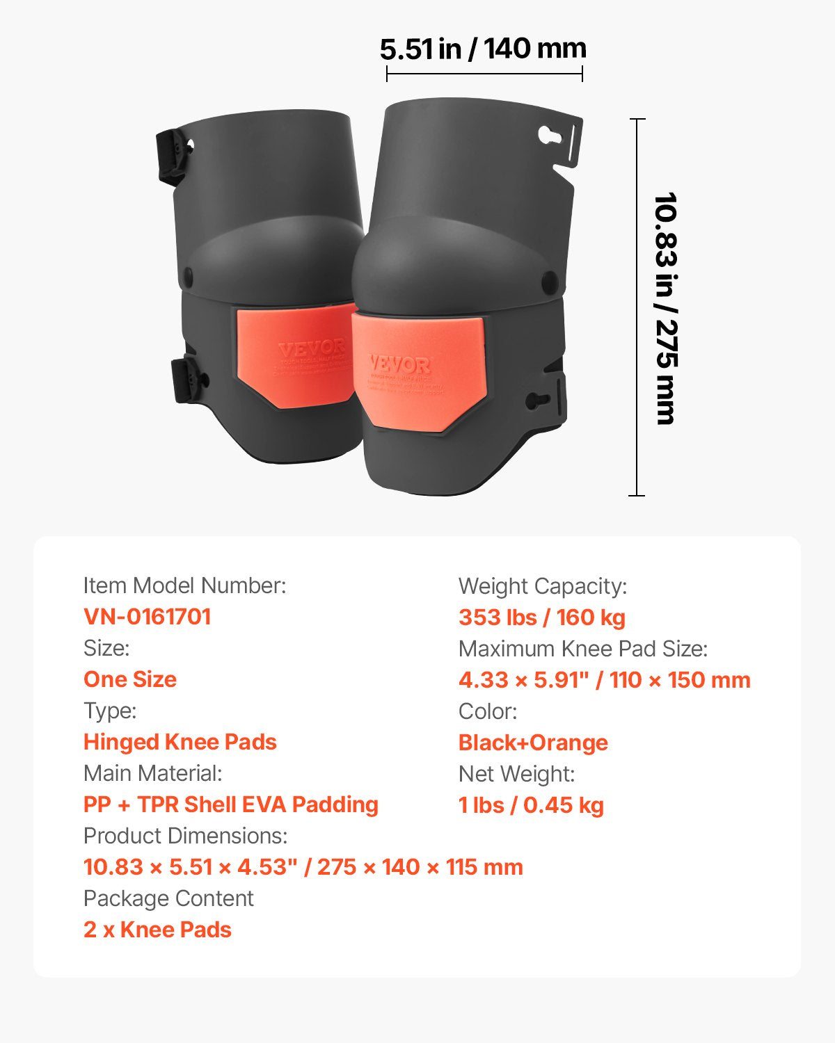 VEVOR Knee Pads for Work, Extra Thick Construction Knee Pads with Foam Cushion - Pro Protection & Comfort, Work Knee Pads|Gardening Knee Pads|Flooring Knee Pads| for Men & Women, Black and Orange