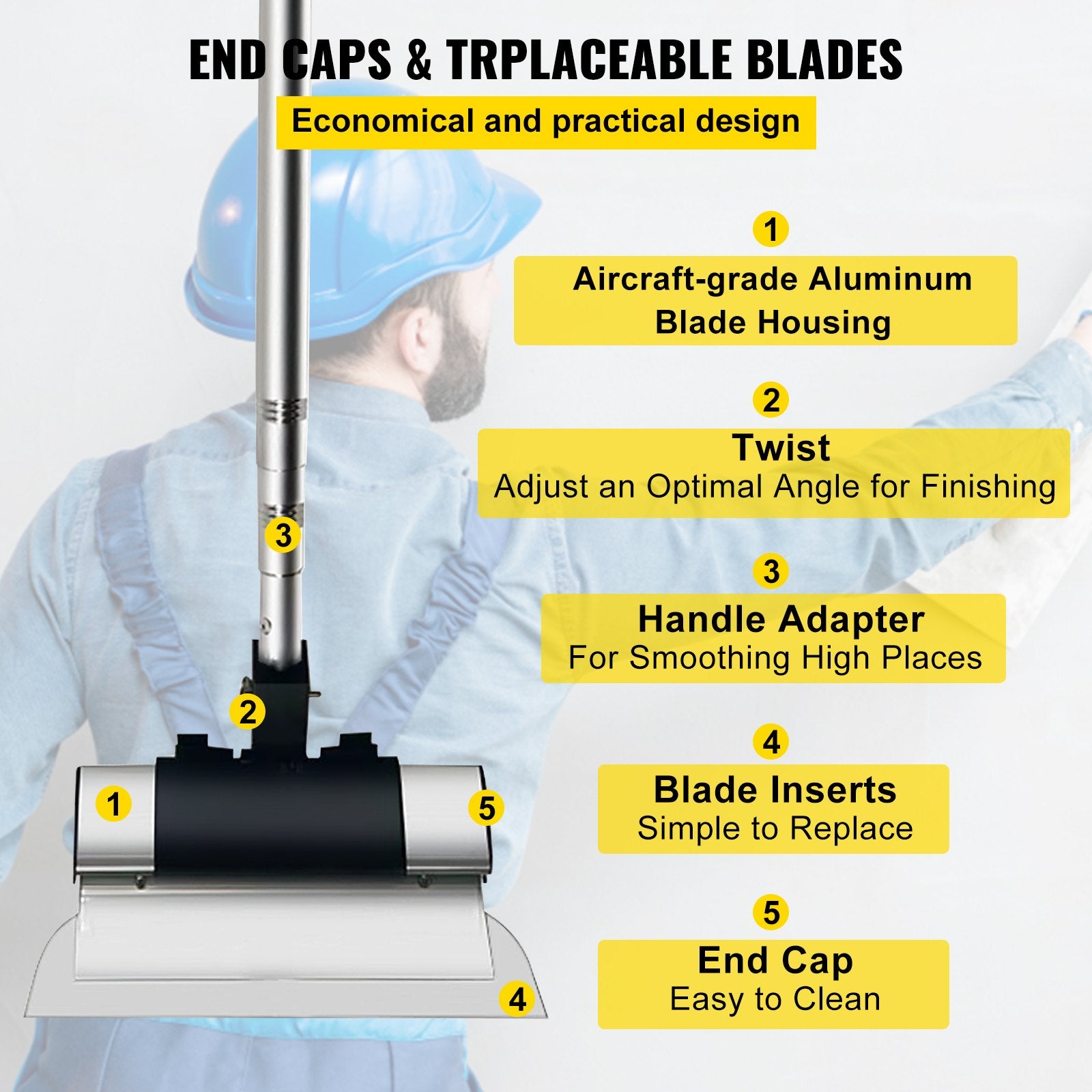 VEVOR Skimming Blade Set,10"+16"+24" Blades + 35"-78" Extension Handle，European Stainless Steel Construction Knife, Aluminum Blade Profile Smoothing Knockdown Spatula for Gyprock/Drywall/Wall-Boa