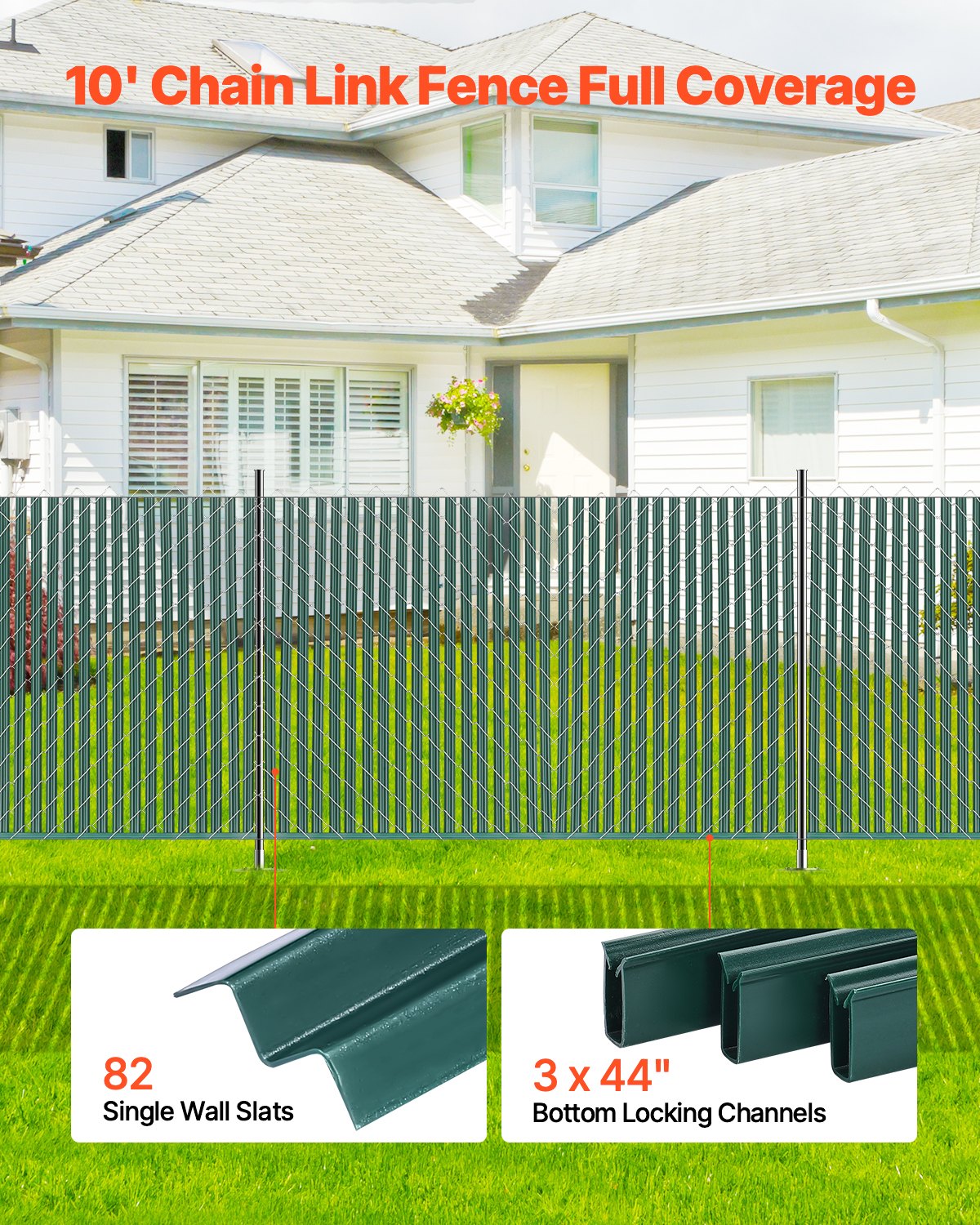 VEVOR Bottom Locking Privacy Slats, Single-Wall Vertical Bottom-Locking Slats for Chain-Link Fence, High-Density HDPE Chain Link Slats Ideally Fit 1.2 m High Fence for Garden Farm Sports Field Green