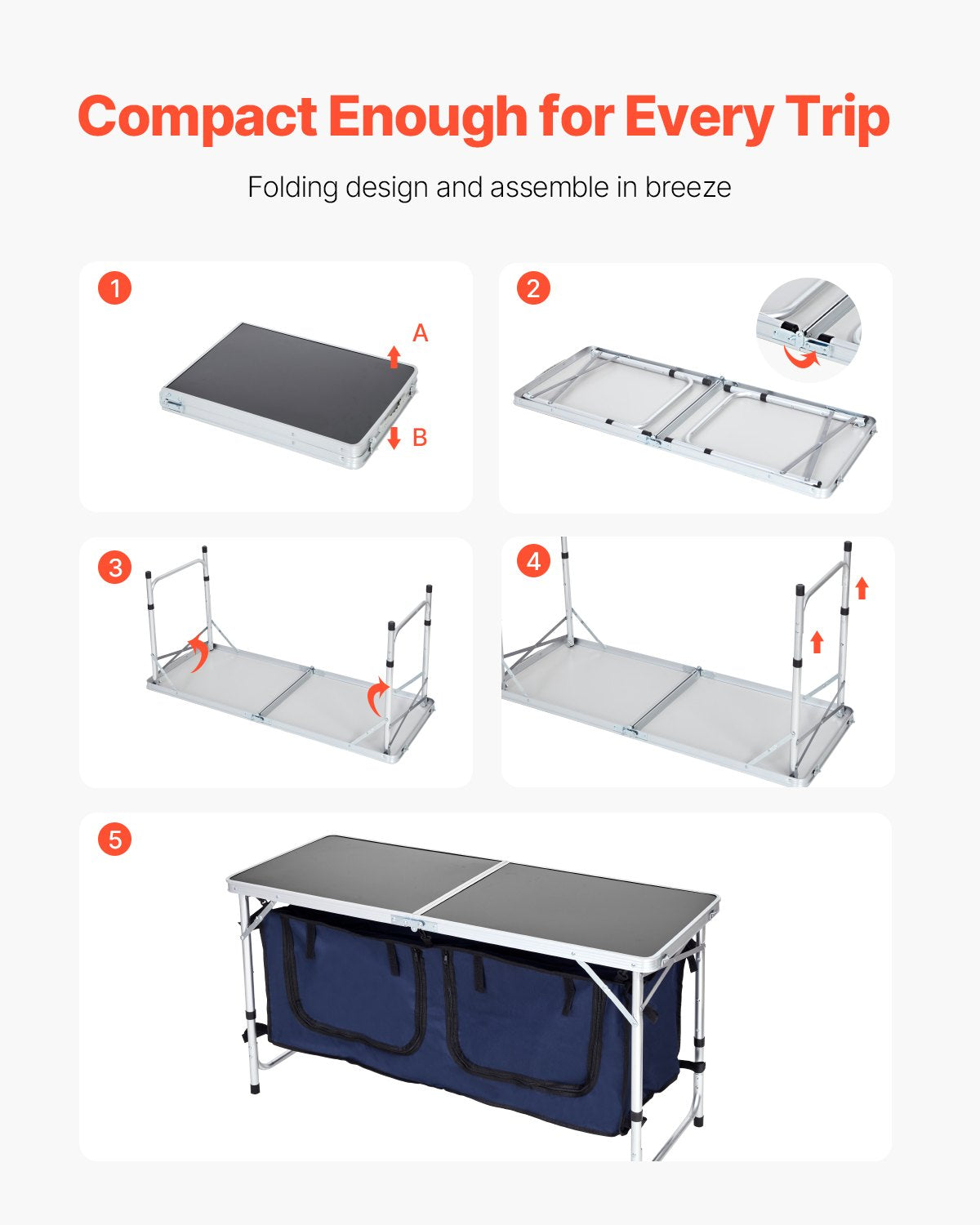 VEVOR Camping Kitchen Table, Folding Outdoor Cooking Table, 3 Adjustable Height, Aluminum Lightweight Portable Cook Station with Storage Organizer, Carry Handle, for BBQ Party Picnic RV Travel, Blue