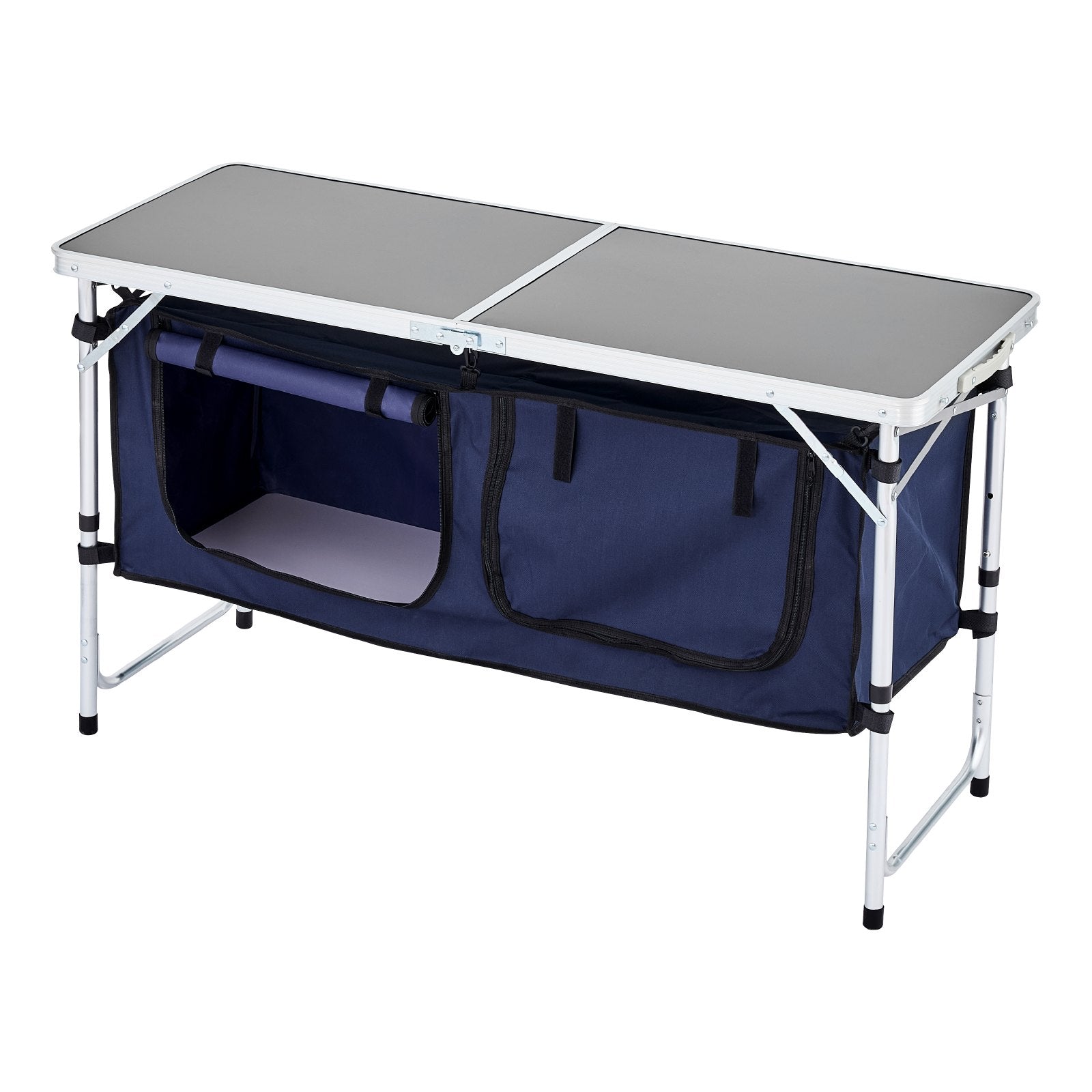 VEVOR Camping Kitchen Table, Folding Outdoor Cooking Table, 3 Adjustable Height, Aluminum Lightweight Portable Cook Station with Storage Organizer, Carry Handle, for BBQ Party Picnic RV Travel, Blue
