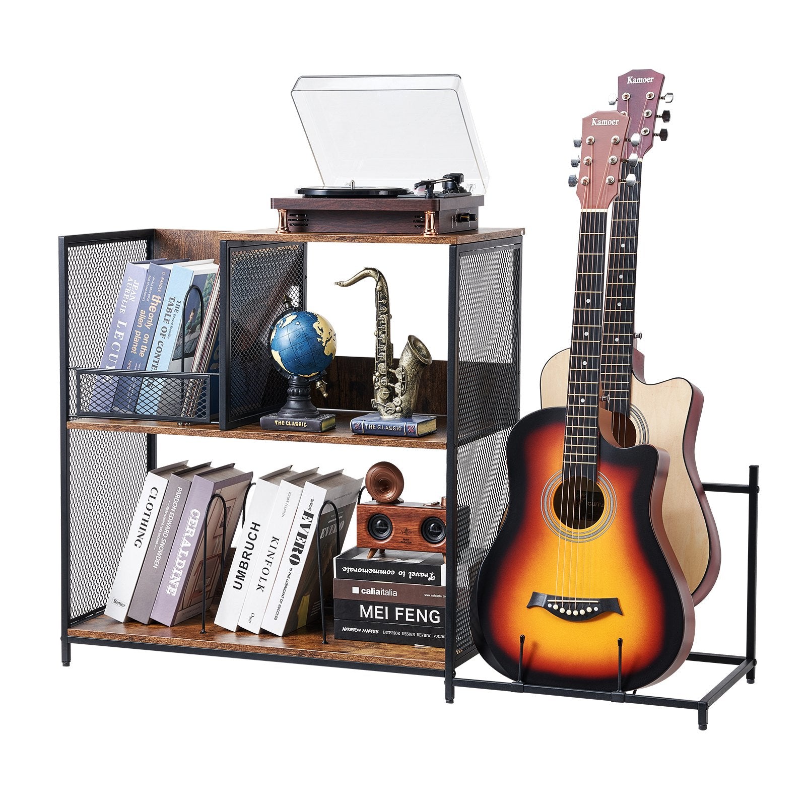 VEVOR 3-Tier Record Player Stand with Guitar Holder, Turntable Stand with Storage Holds Up to 300 Albums, Vinyl Record Cabinet with Metal Mesh Frame for Living Room, Bedroom, Black