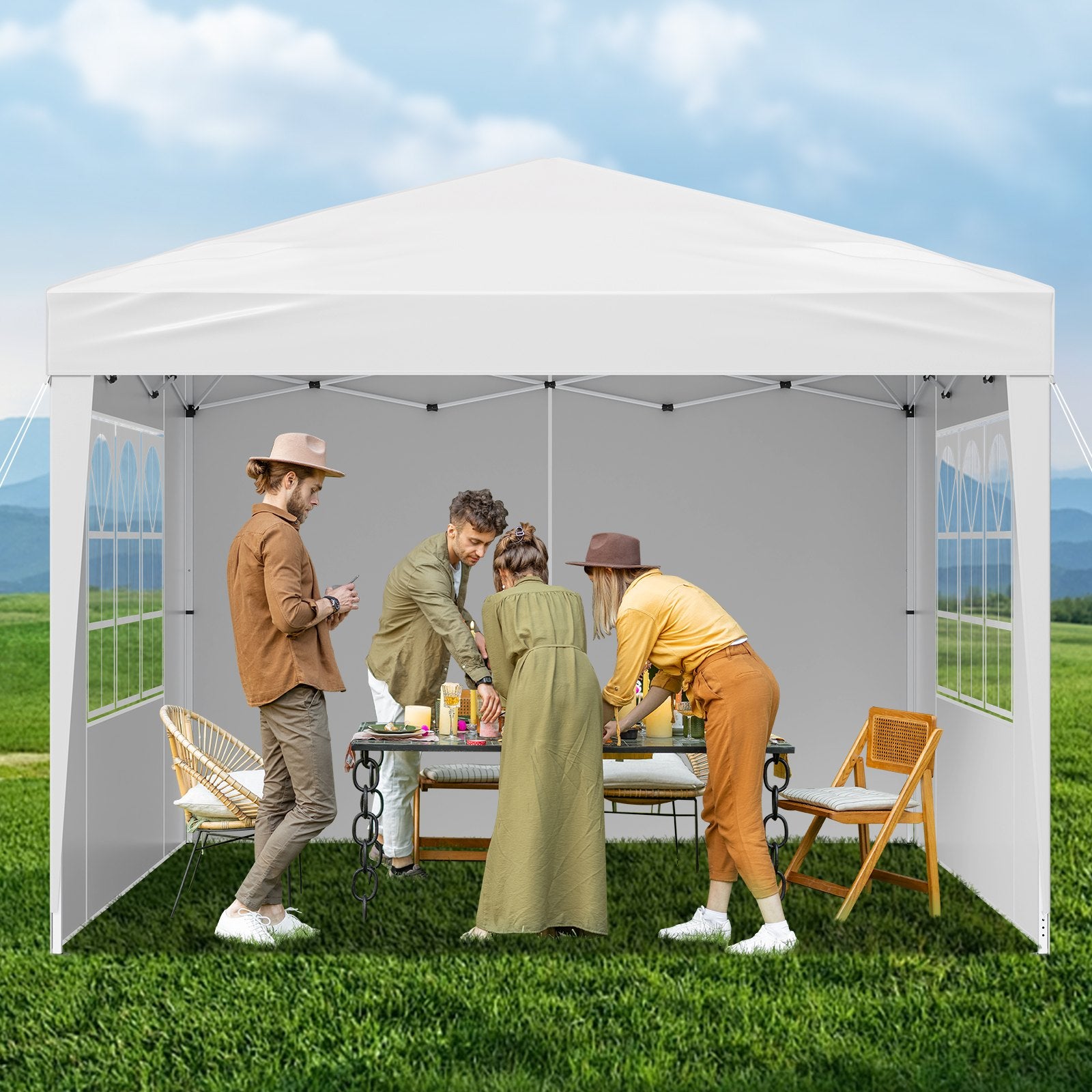 VEVOR Pop Up Canopy, 2.95 x 2.95 m Instant Canopy Portable Gazebo with 3 Sidewalls & 2 Ventilated Windows, Height Adjustable Pop-Up Outdoor Shelter Tent for Events, Patio, Backyard, Party, Parking