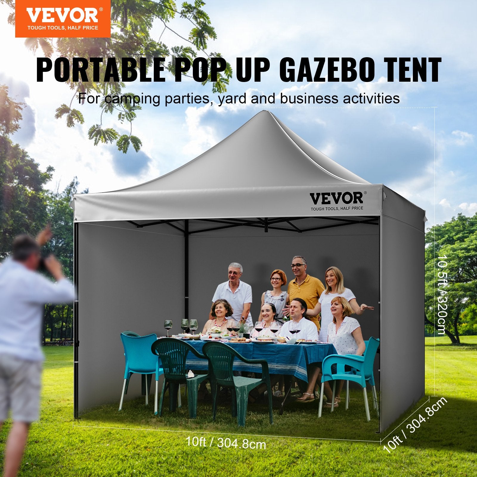 VEVOR 304.8 x 304.8 cm Pop up Canopy with Removable Sidewalls, Instant Canopies Portable Gazebo & Wheeled Bag, UV Resistant Waterproof, Enclosed Canopy Tent for Outdoor Events, Patio, Backyard, Party