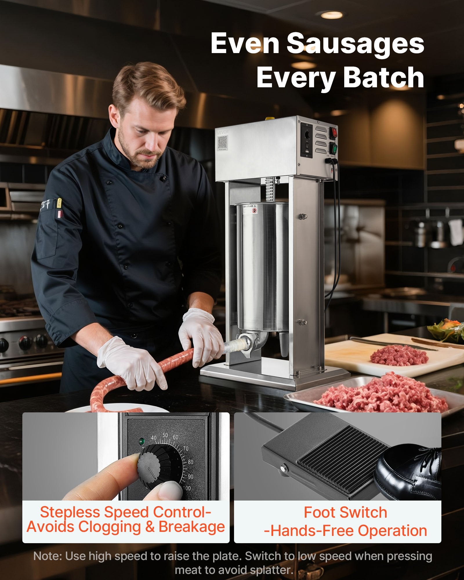 VEVOR Electric Sausage Stuffer, 33 LBS / 15 L Vertical Meat Stuffer, Stepless Speed Control and Foot Pedal, Stainless Steel Heavy Duty Sausage Filler with 4 Stuffing Tubes, for Commercial & Home Use
