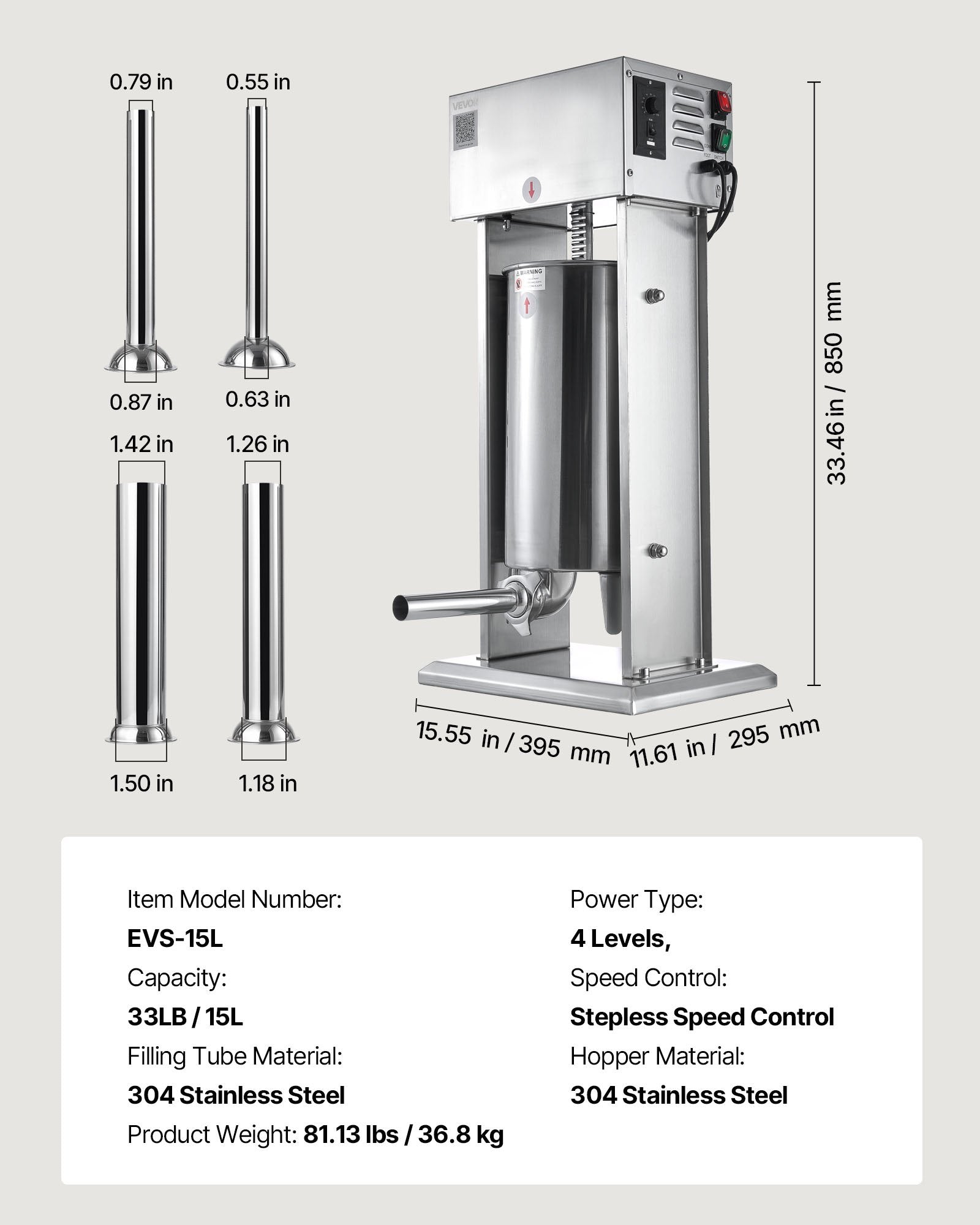 VEVOR Electric Sausage Stuffer, 33 LBS / 15 L Vertical Meat Stuffer, Stepless Speed Control and Foot Pedal, Stainless Steel Heavy Duty Sausage Filler with 4 Stuffing Tubes, for Commercial & Home Use