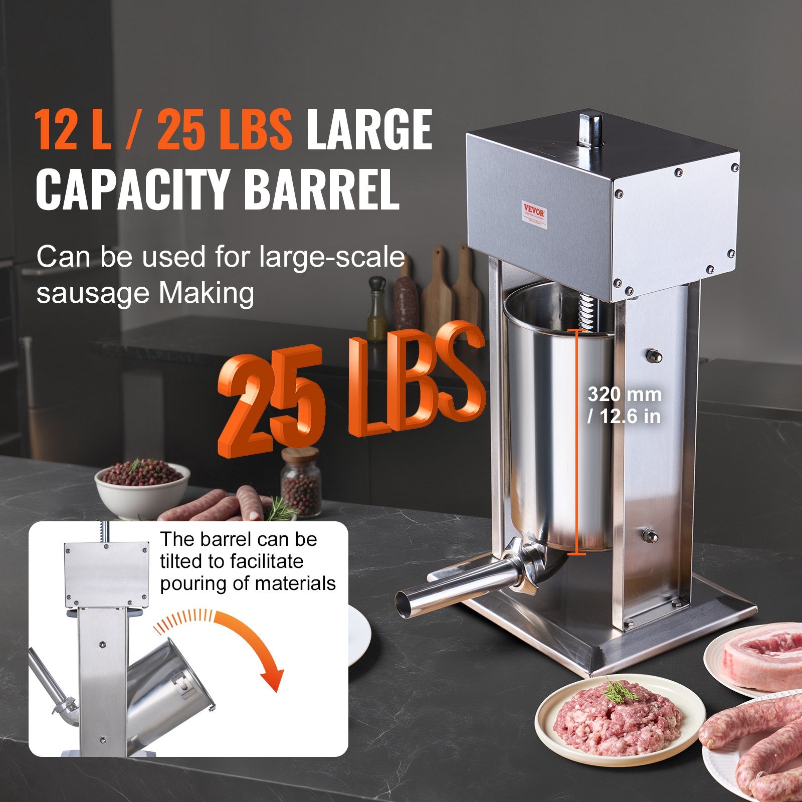 VEVOR Electric Sausage Stuffer, 12 L / 25 LBS Vertical Meat Stuffer, 200W Motor, Stepless Speed Control and Foot Pedal, Made of Food-grade 304 Stainless Steel, 5 Stuffing Tubes for Home, Commercial